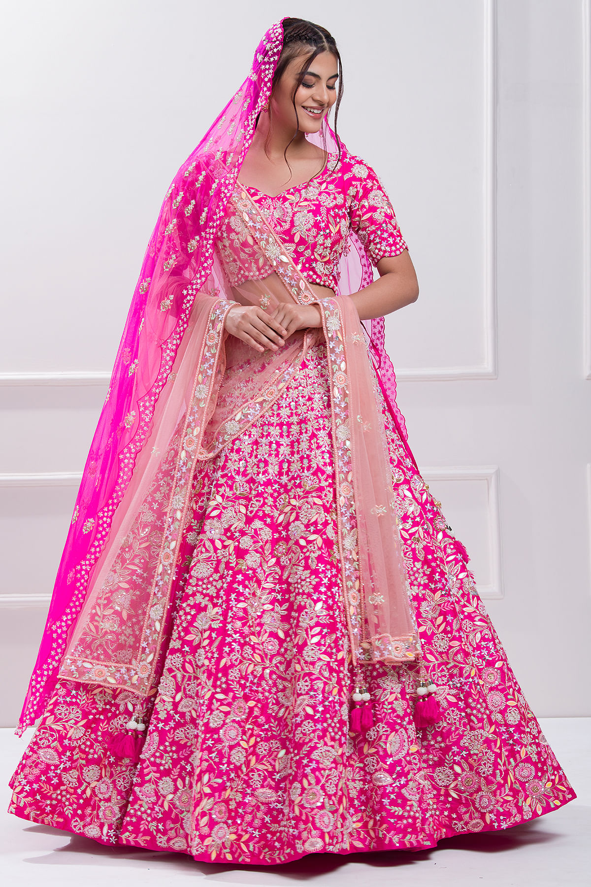 Buy Hot Pink Sequins Embroidered Raw Silk Bridal Lehenga Online at Samyakk