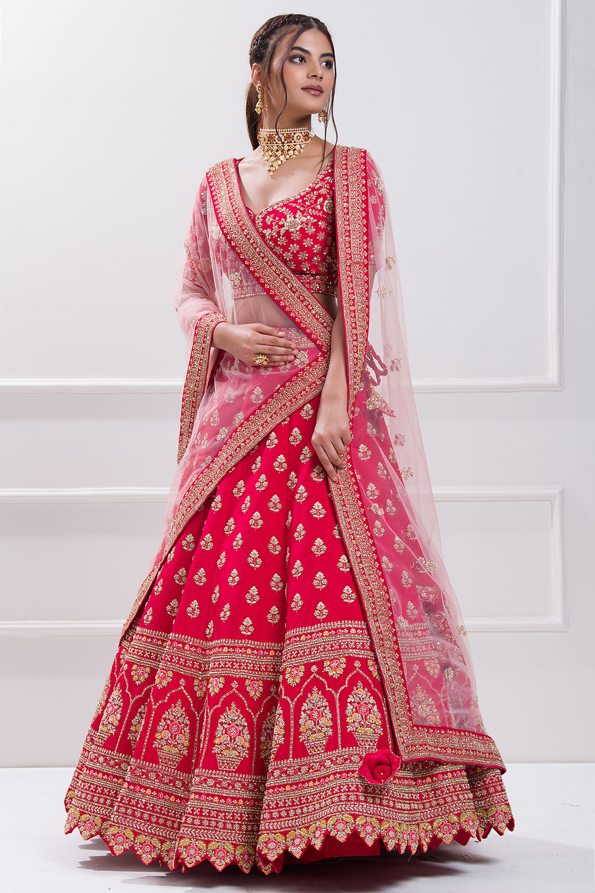 Crimson Red Sequins Embroidered Raw Silk Bridal Lehenga Online at Samyakk