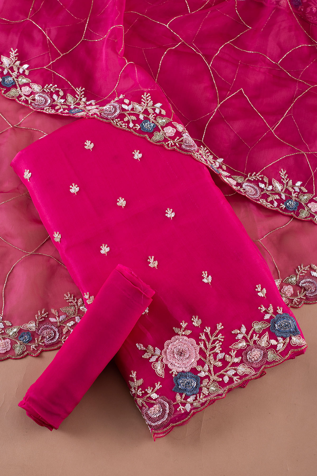 Dark Pink Sequins Embroidered Organza Unstitched Salwar