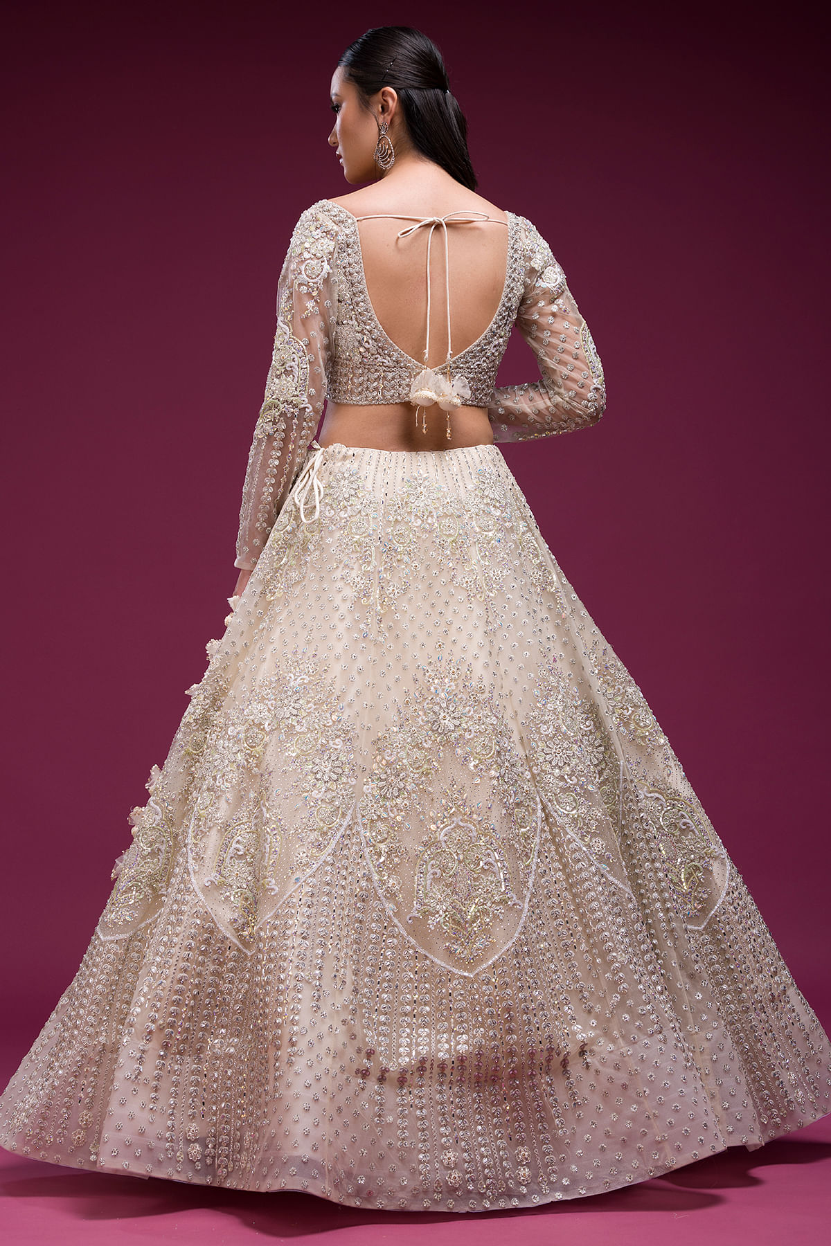 Buy Cream Sequins Embroidered Net Reception Lehenga Online