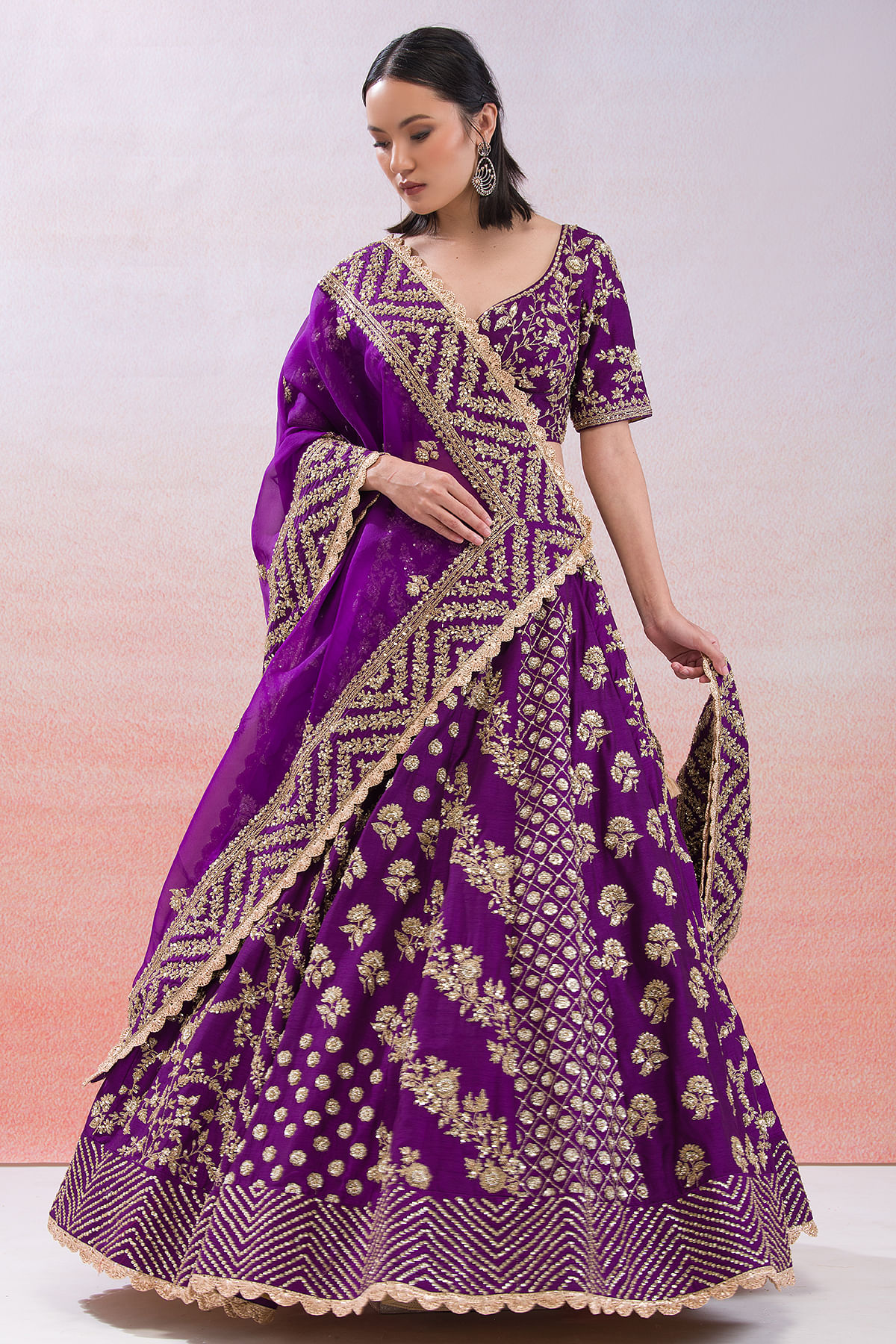 Buy Royal Purple Sequins Embroidered Raw Silk Wedding Lehenga Online at Samyakk