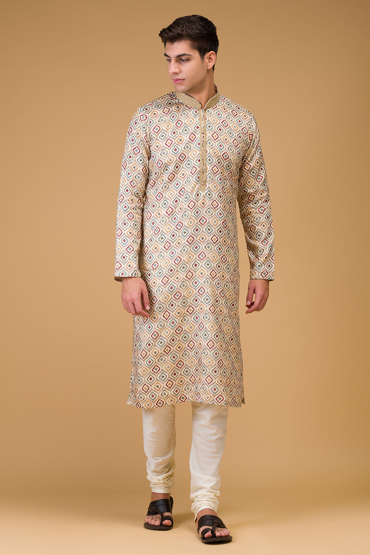 Light Beige Printed Silk Kurta