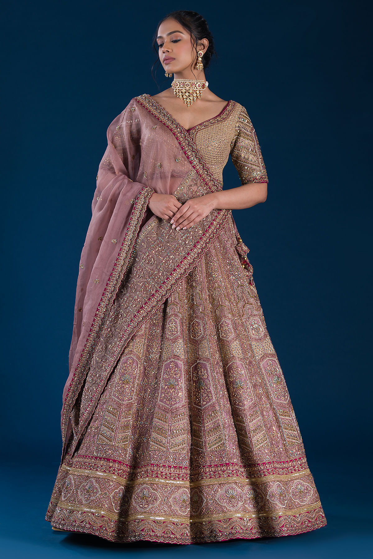 Buy Dusty Rose Pink Sequins Embroidered Raw Silk Bridal Lehenga Online