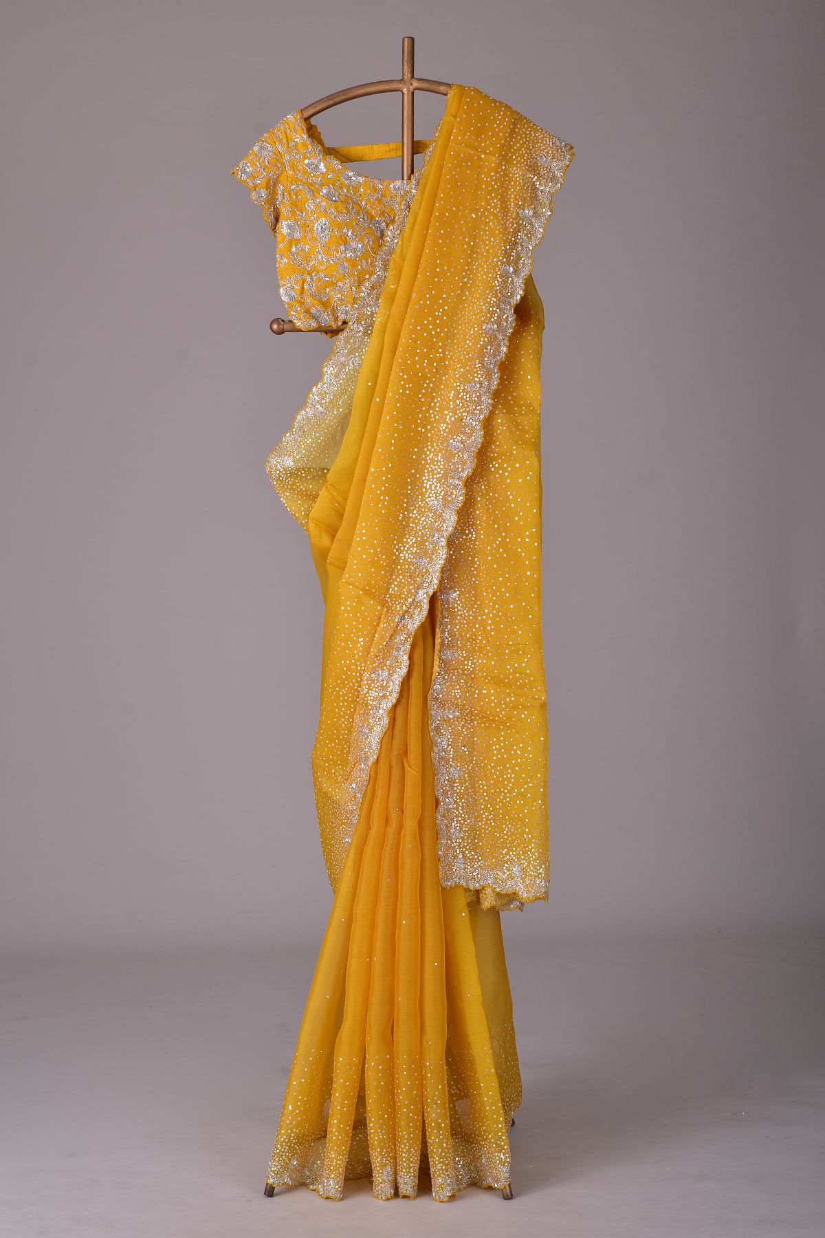 Buy Amber Yellow Sequins Embroidered Organza Saree Online
