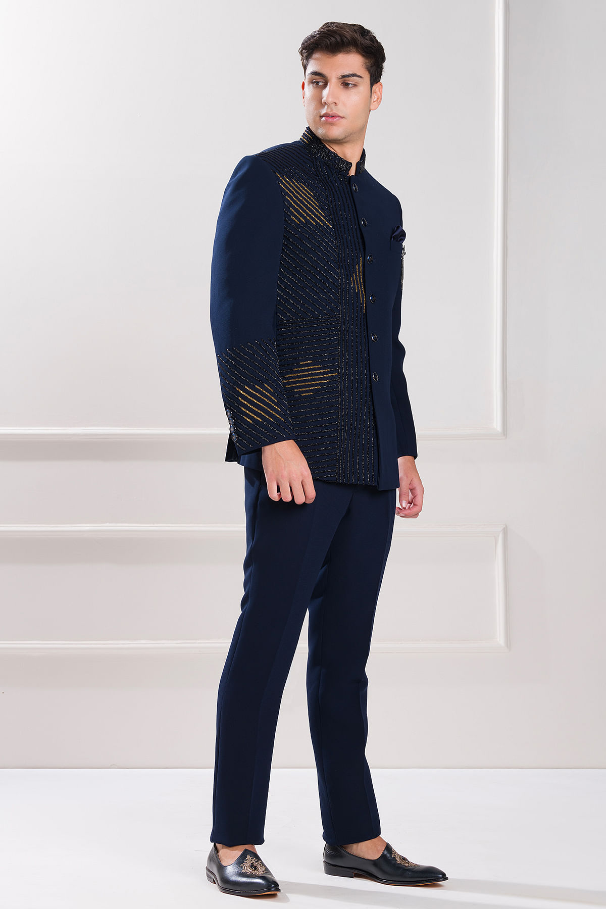 Dark Midnight Blue Cutdana Embroidered Italian Jodhpuri Suit Online at Samyakk