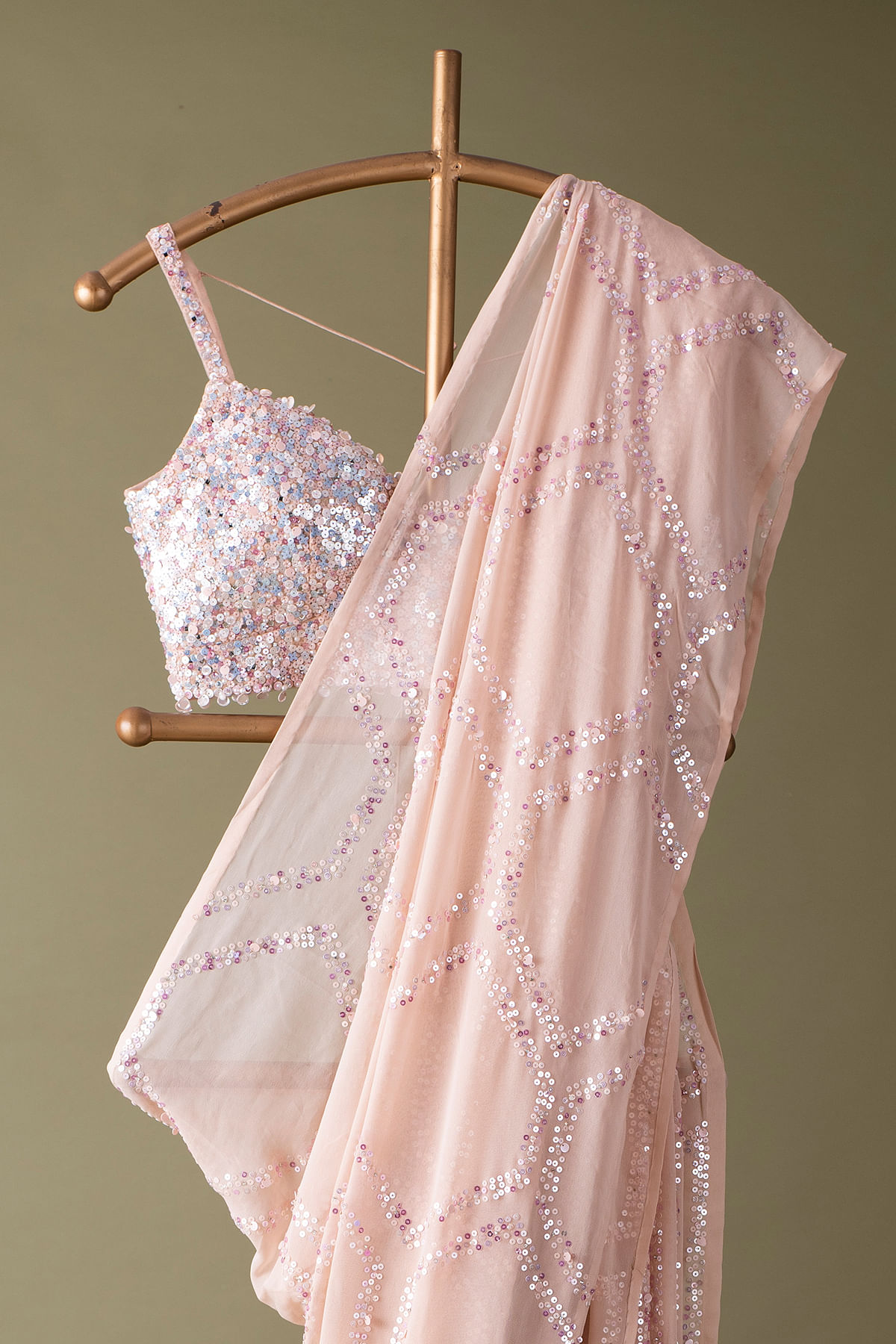 Peach Pink and Silver Sequins Saree with Embellished Border