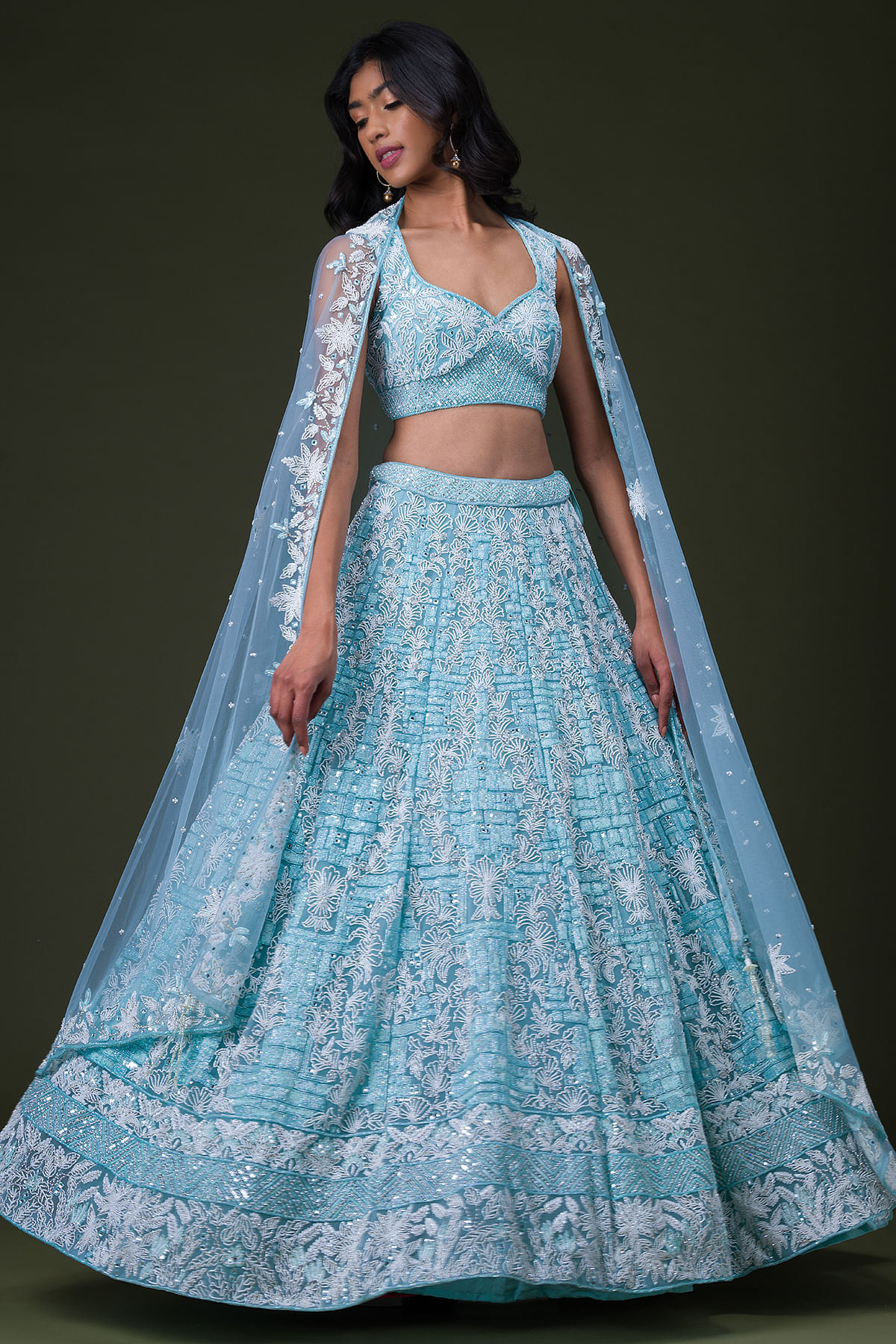 Light Blue Pearl Embroidered Net Reception Lehenga by Samyakk