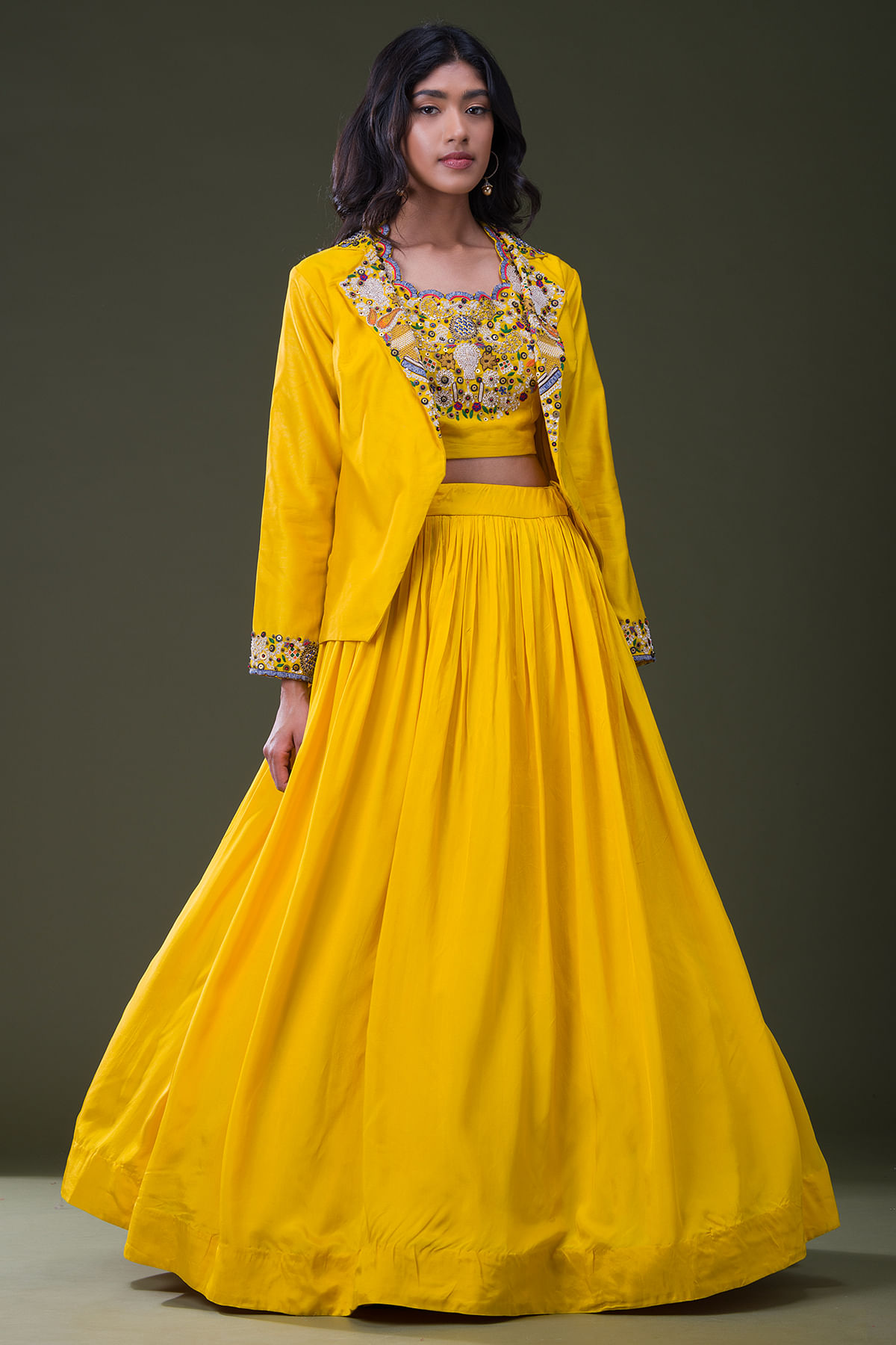 Amber Yellow Bead Embroidered Silk IndoWestern Lehenga