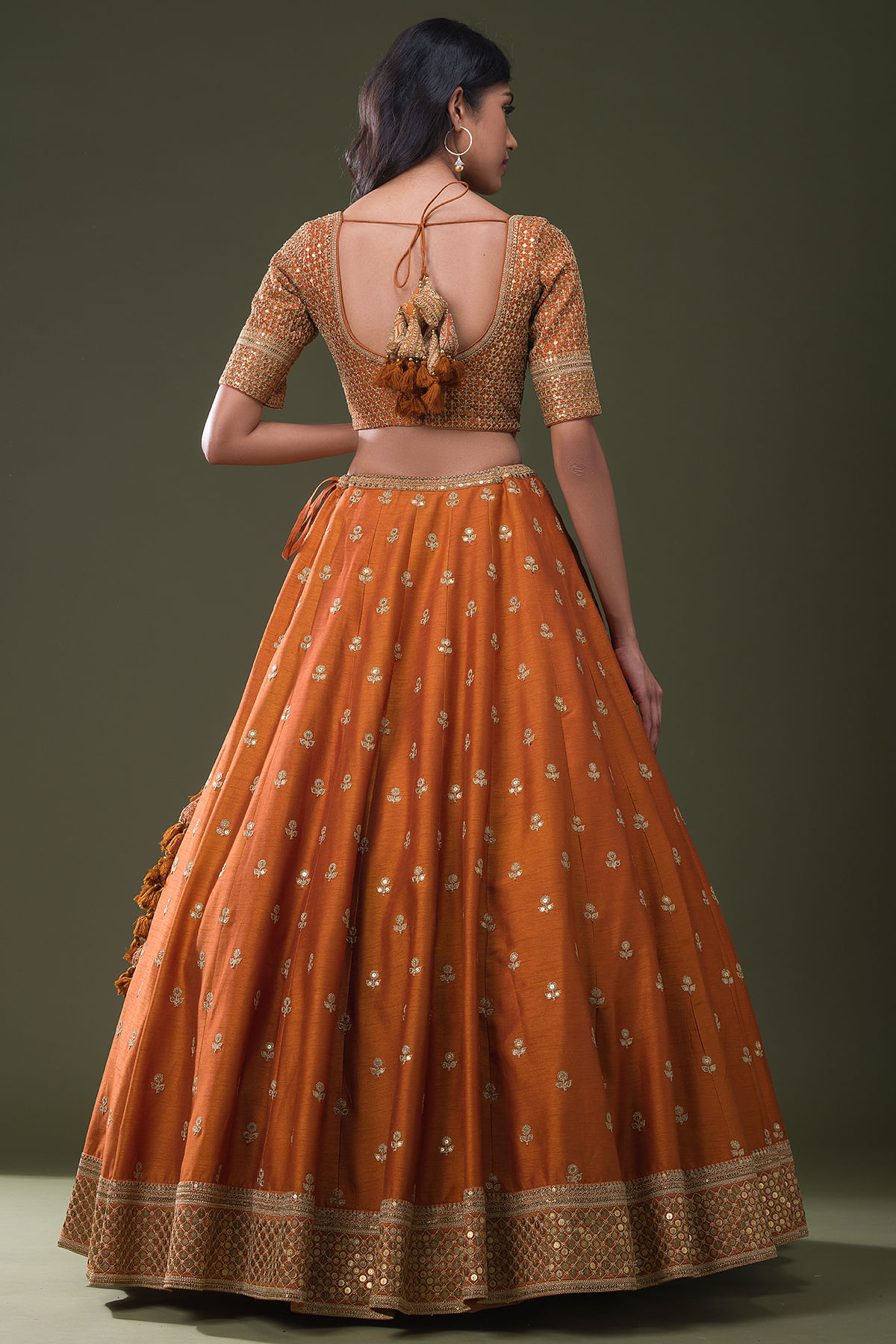 SMF LEH 234 17 Burnt orange badla lehenga with sunny sequin dupatta and  floral threadwork blouse | Lehnga designs, Wedding dress outfit, Indian  outfits