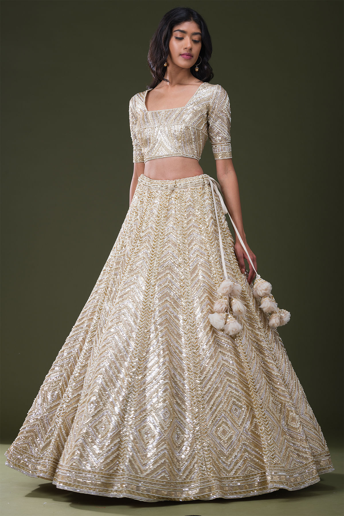 Nitika Gujral Floral Pattern Embroidered Lehenga Set | Off White, Sequin,  Net, Leaf, Long | White bridal dresses, White bridal, White bridal lehenga