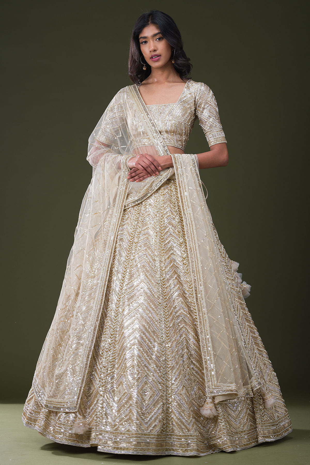 Ivory White Shimmery Lehenga with Embroidered Blouse & Silver Highlights -  Seasons India