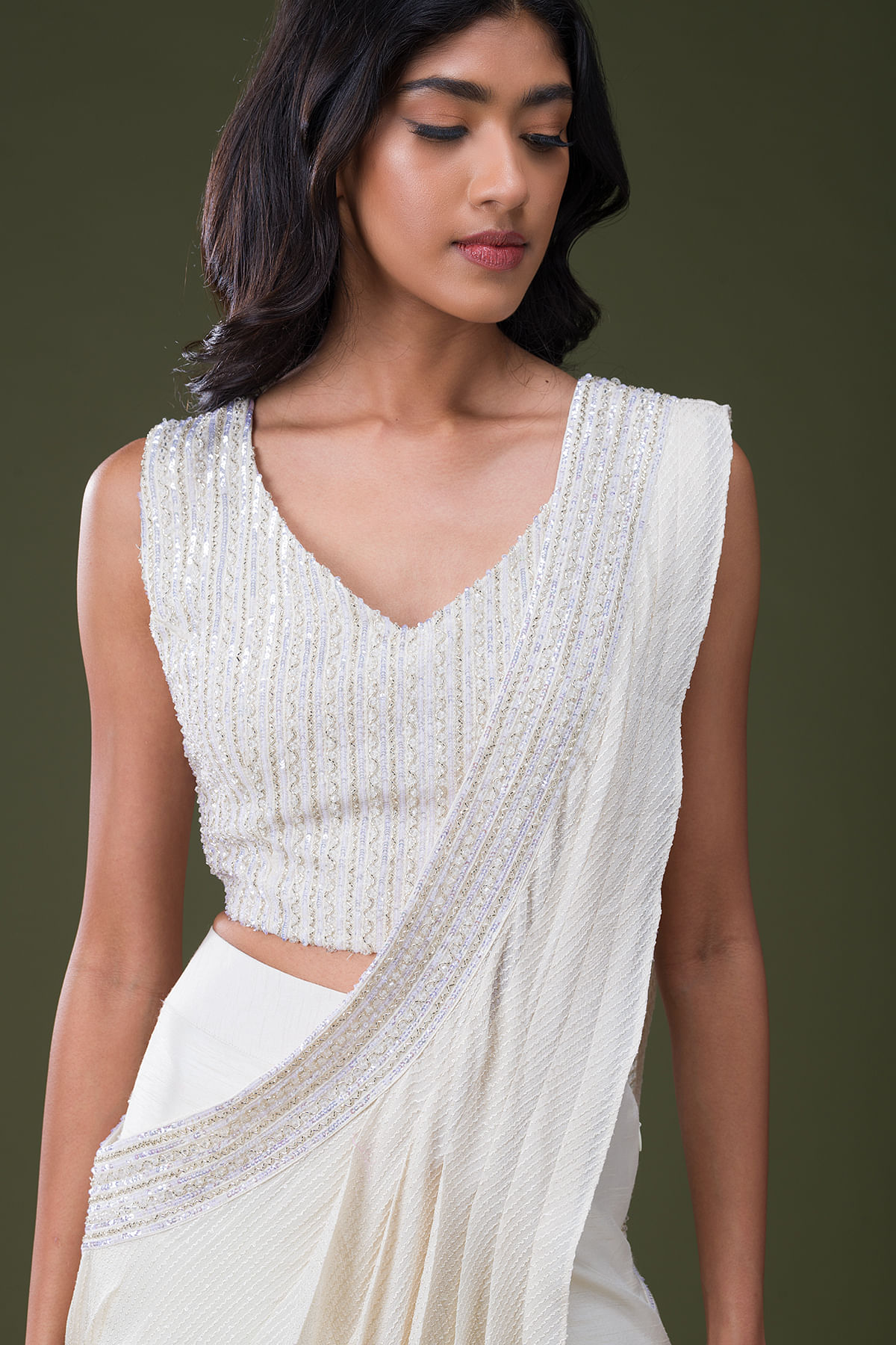 Buy Off-White Unstitched Sequins Saree And Blouse With Cowl