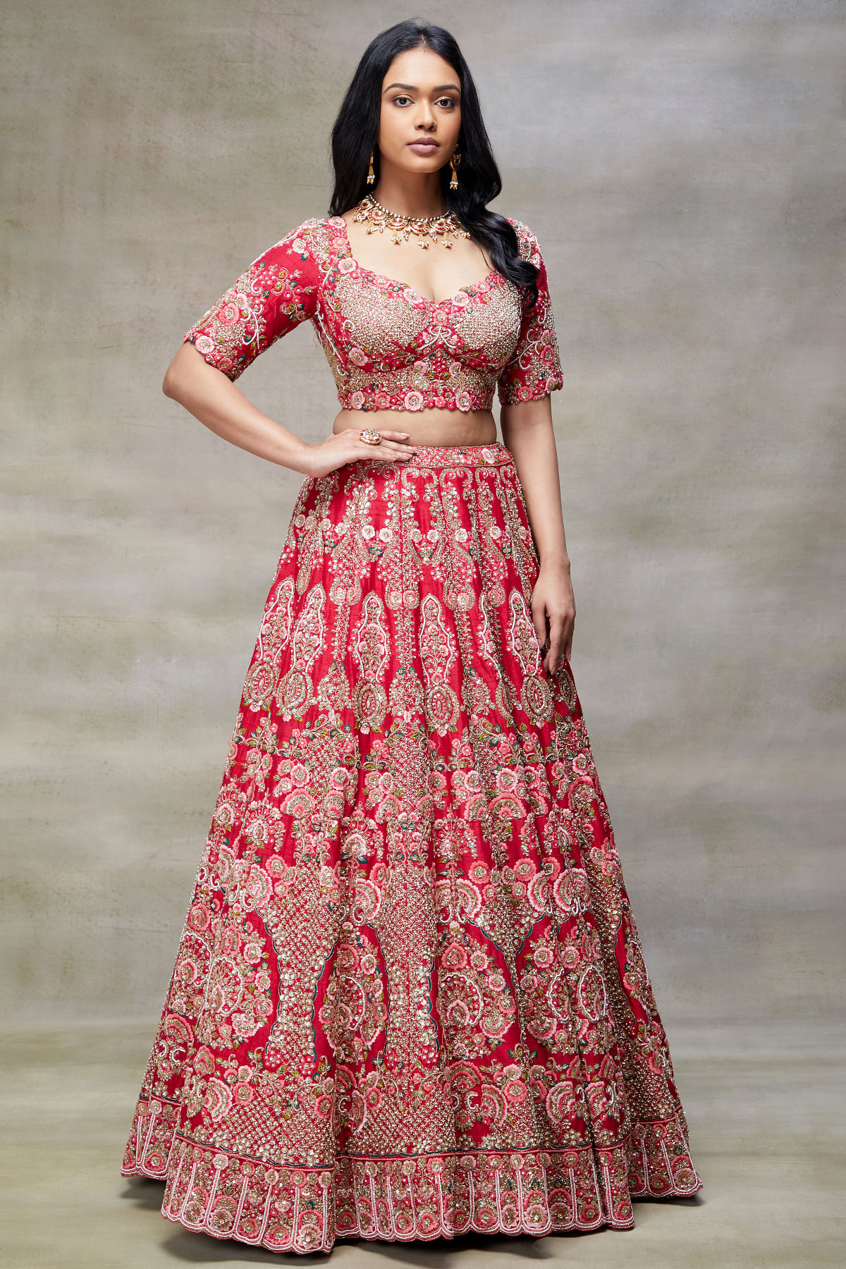 Crimson Resham Embroidered Raw Silk Wedding Lehenga-HK4721