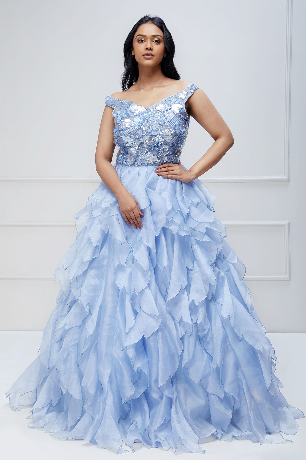 Pastel Blue Sequins Embroidered Organza Indowestern Gown
