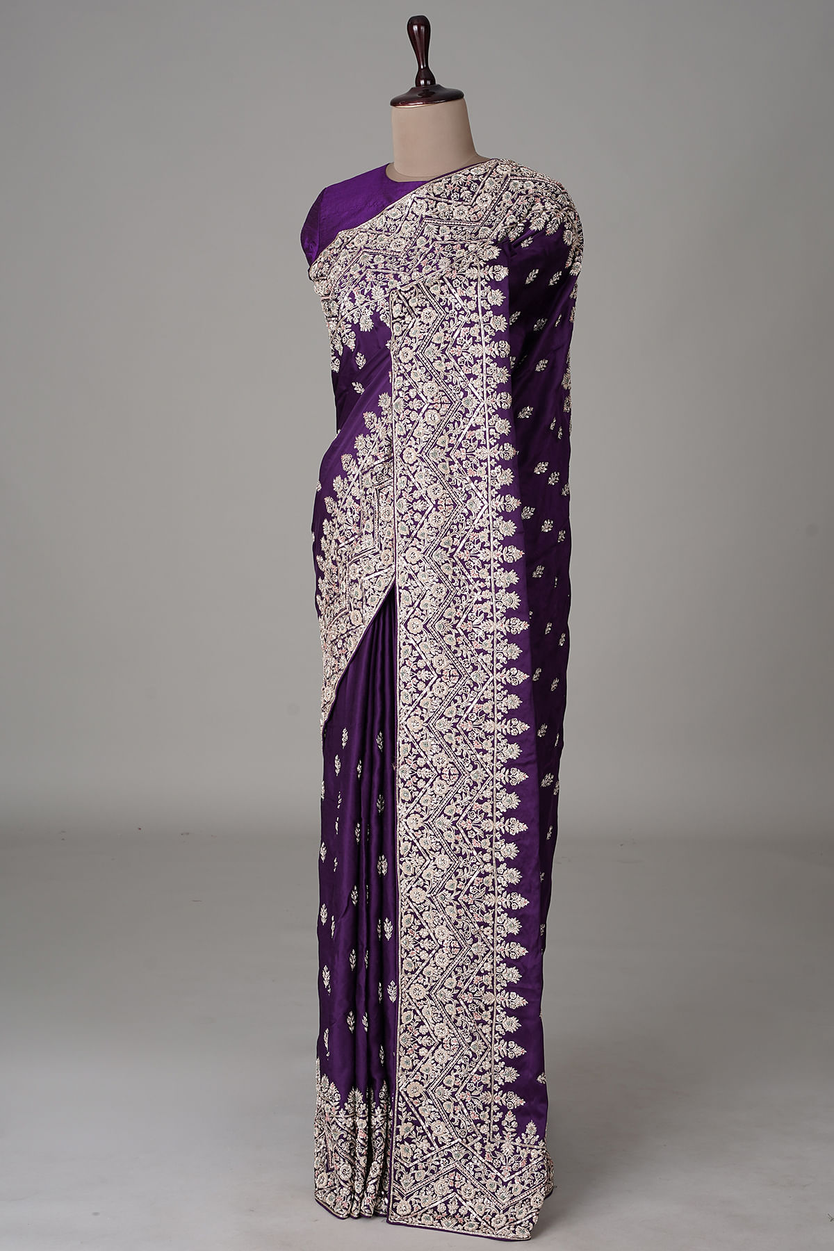 Buy Raisin Purple Saree In Satin With Two Toned Kundan Embellished Border  And Ready Stitched Blouse Online - Kalki Fashion