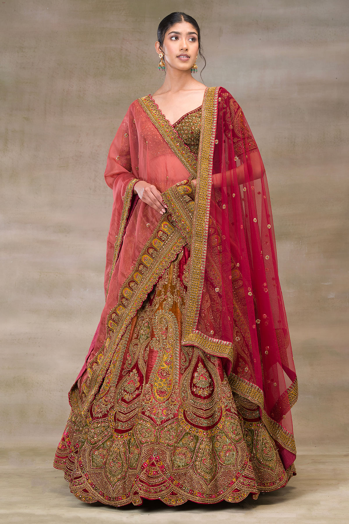 Deep Red Velvet Embroidered Bridal Lehenga Blouse