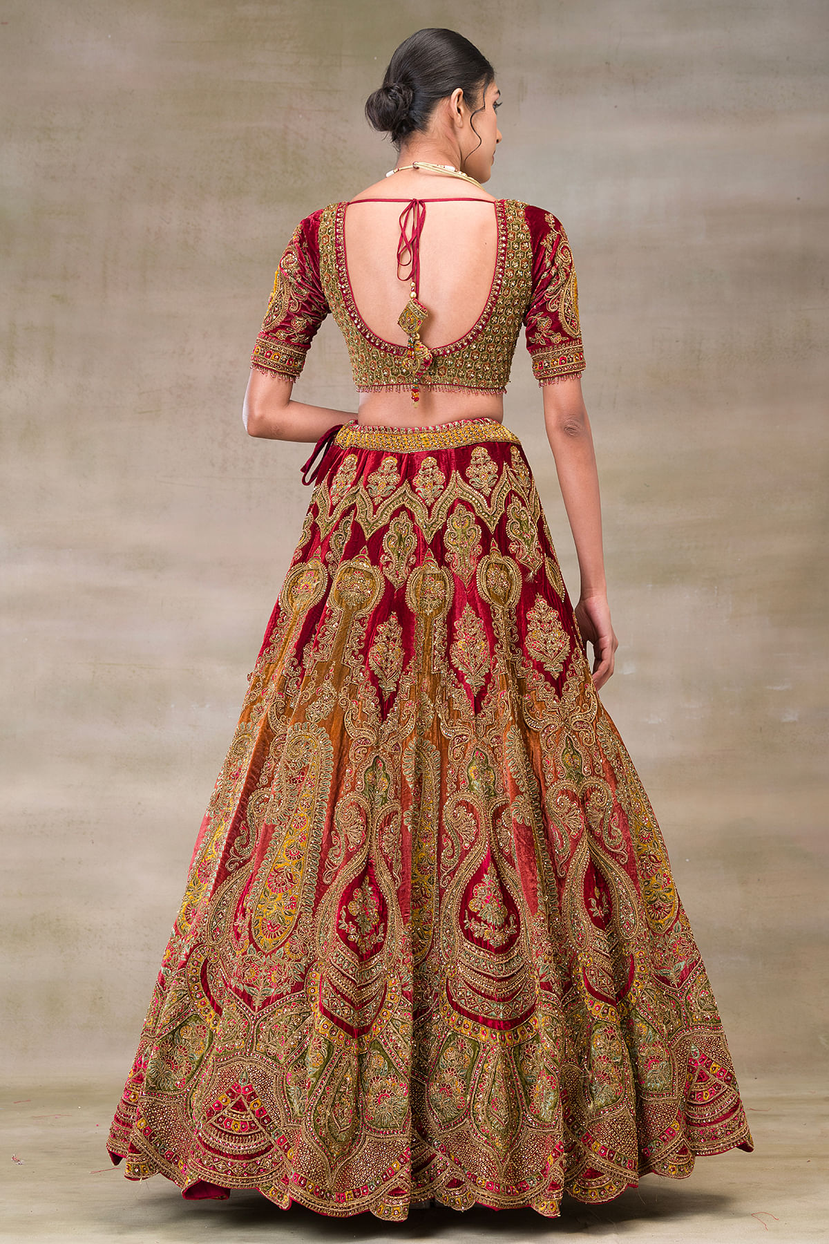 Buy Red & Darck Ochre Zari Embroidered Velvet Bridal Lehenga