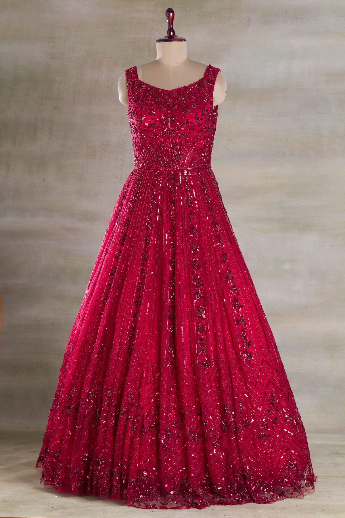 Novelty Red Color Bridal Wear Net Chine Sequence Work Designer Anarkali