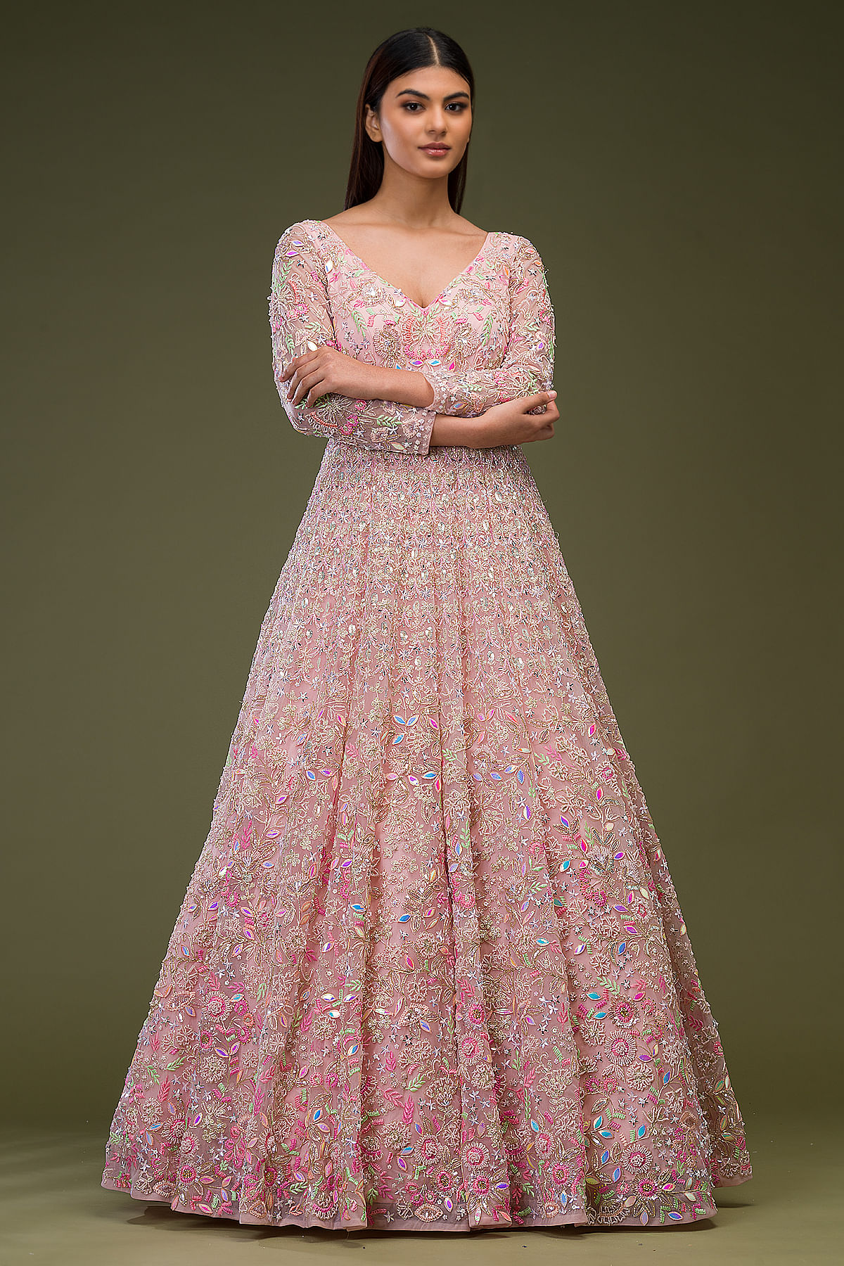 Gown : Pink georgette and soft net embroidered gown