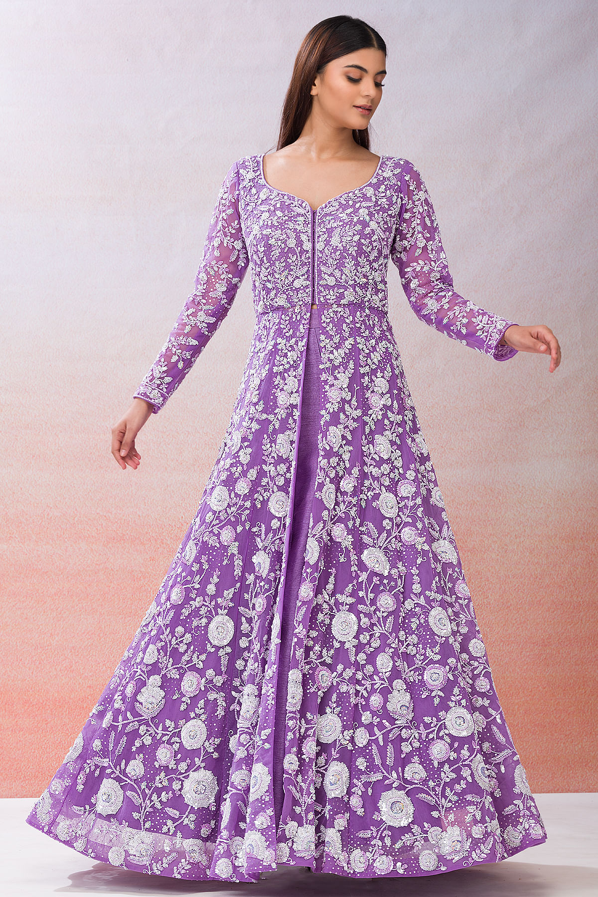 Buy Eminence Purple Sequins Embroidered Organza Indowestern Lehenga Online at Samyakk