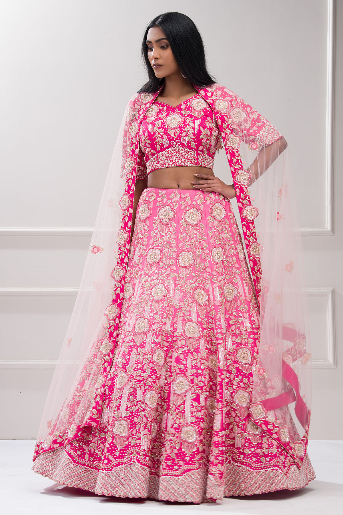 Buy Pink Net Floral Embroidered Sequin Embellished Unstitched Lehenga Set -  online | Soch - CHD-UGCEML50351D
