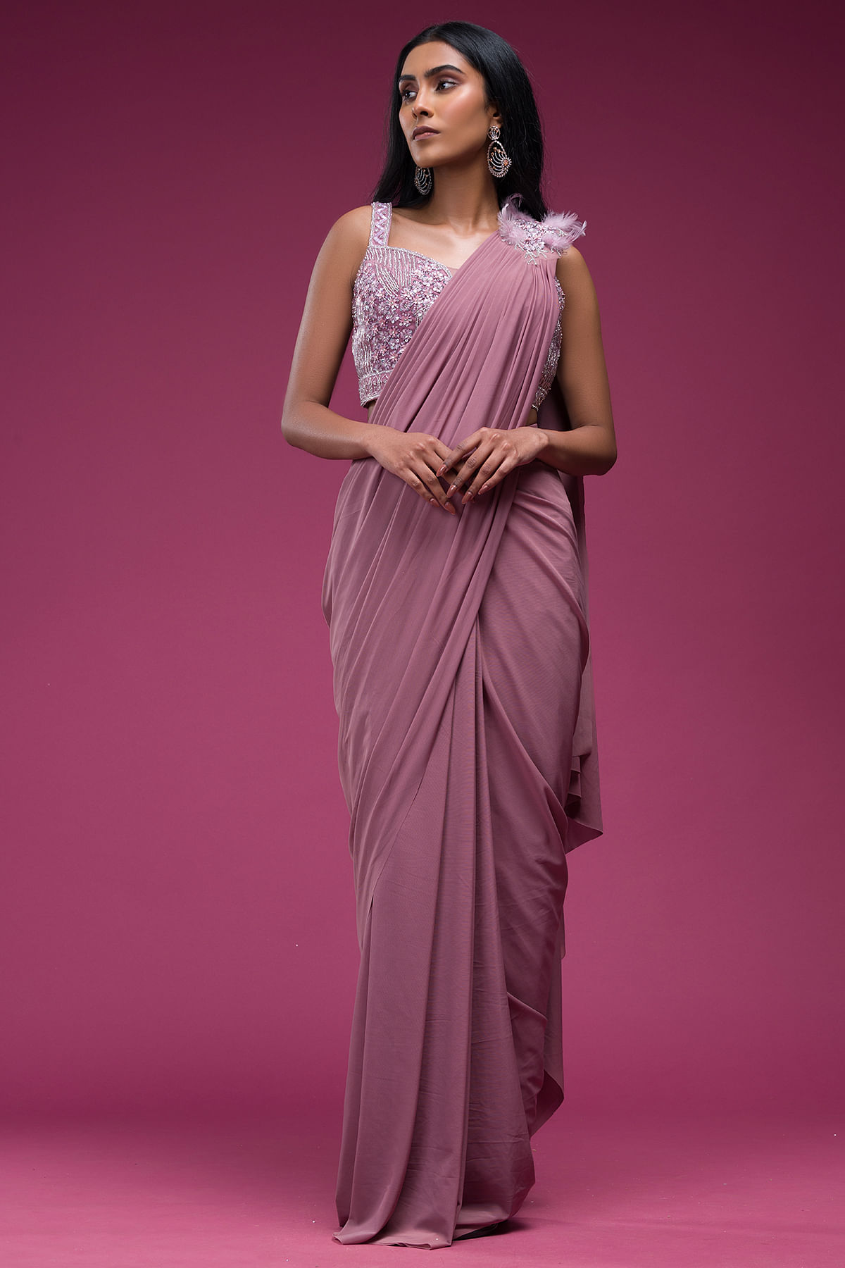 Buy Shimmer Lycra Saree In Dusty Pink Colour Online - SARV03184