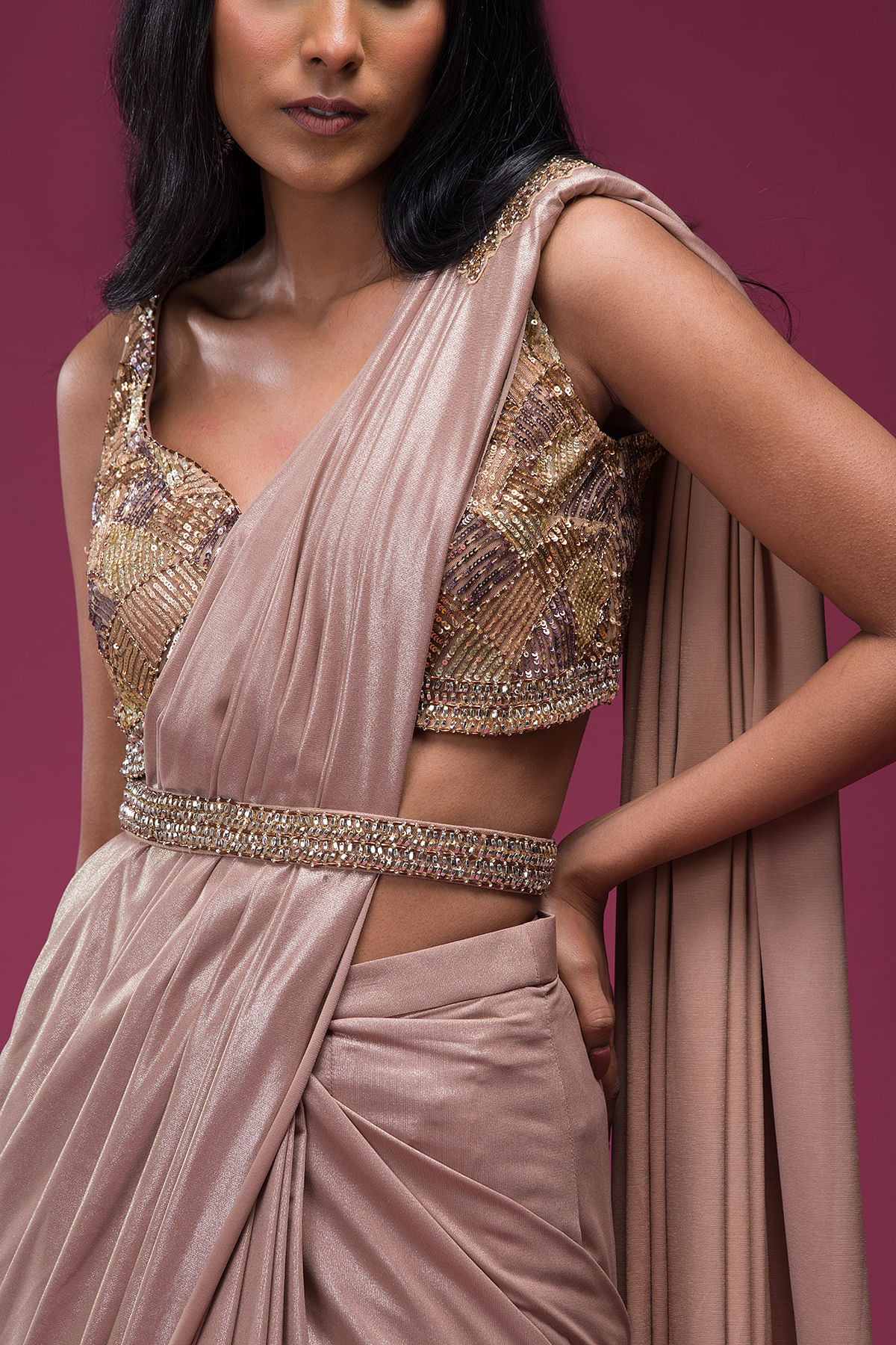 Buy Rose Gold Sequins Embroidered Lycra Saree Online