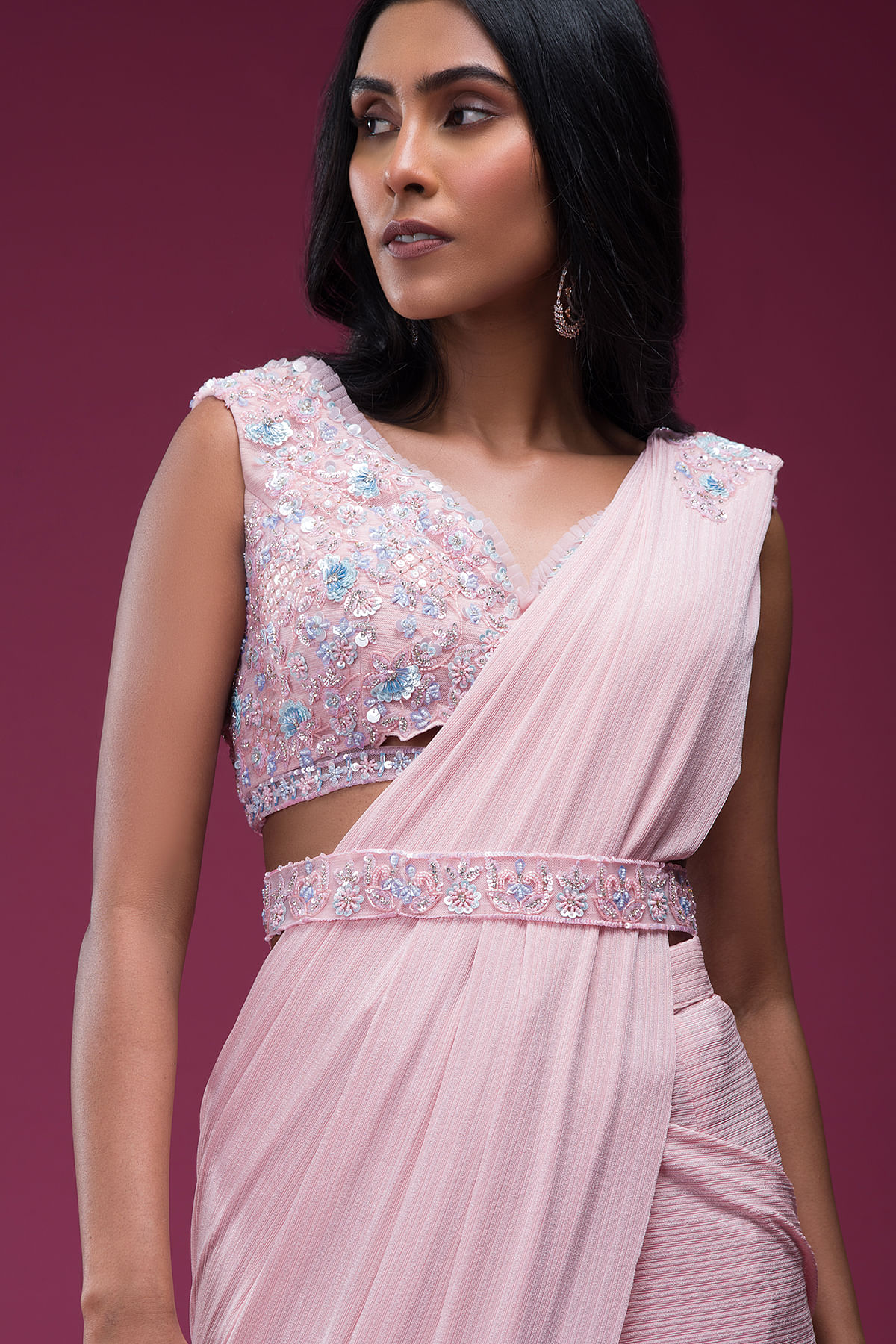 Buy Party Wear Light Pink Lycra Sequins Work Readymade Saree (Blouse Size  36 and 38) Online