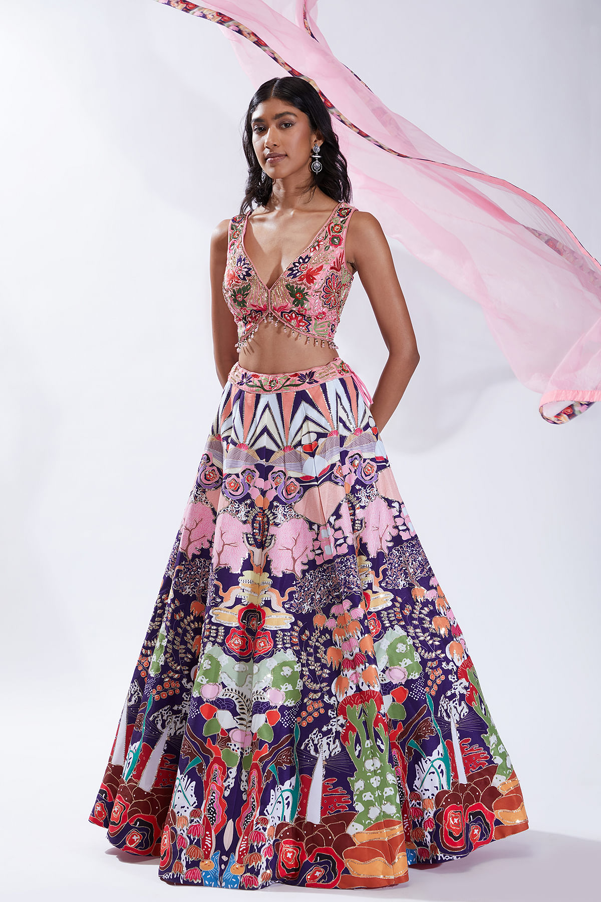 Multicolor Printed Silk Designer Lehenga Online at Samyakk