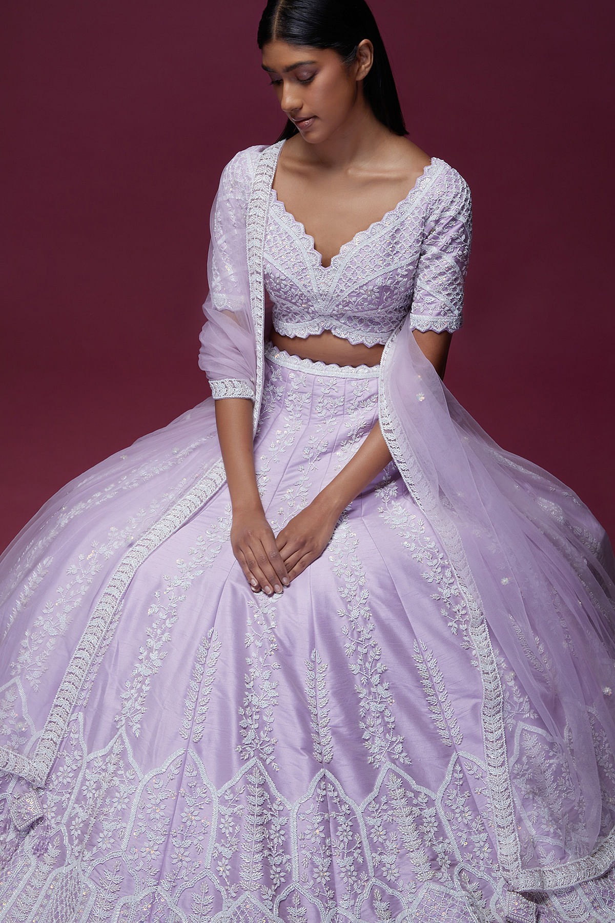 Lilac Silk Organza Skirt With Sequined Pearl Embroidery