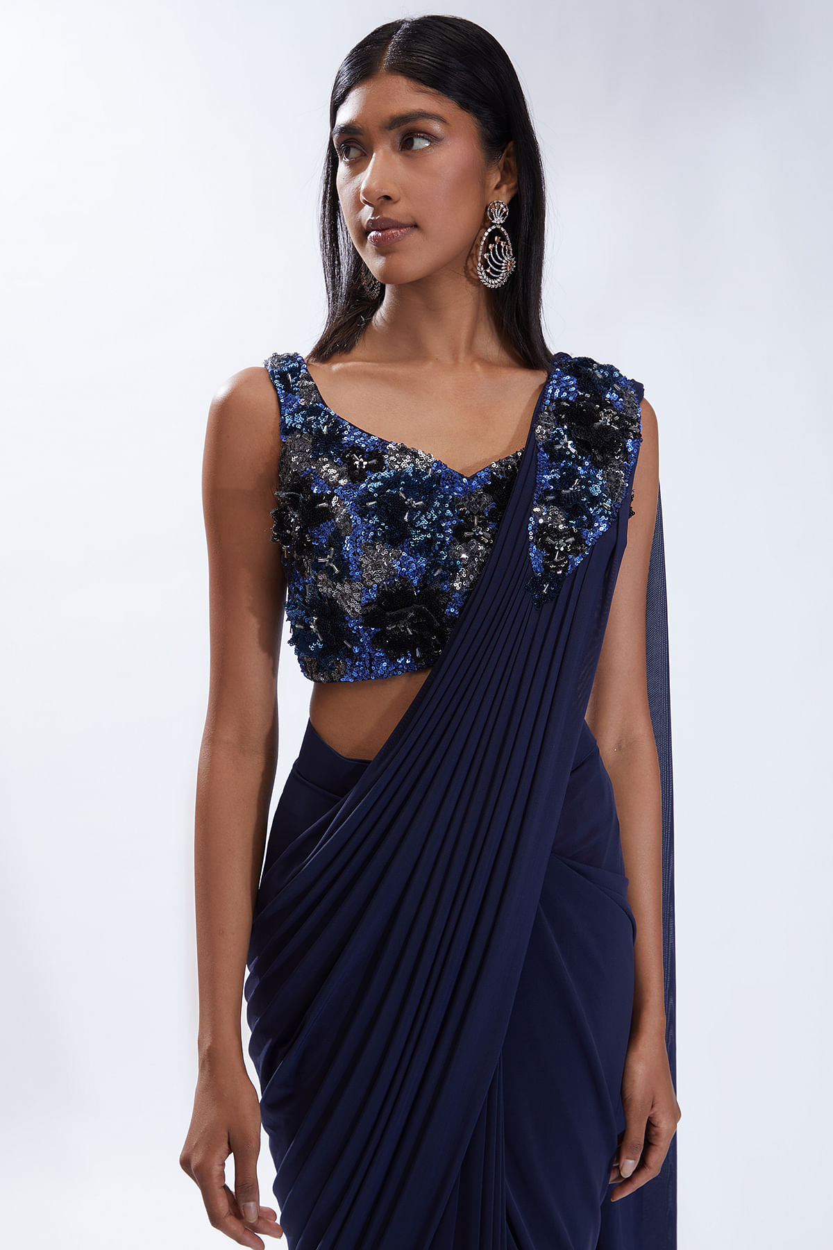 Buy Navy Blue Sequins Embroidered Ready Blouse Lycra Saree Online