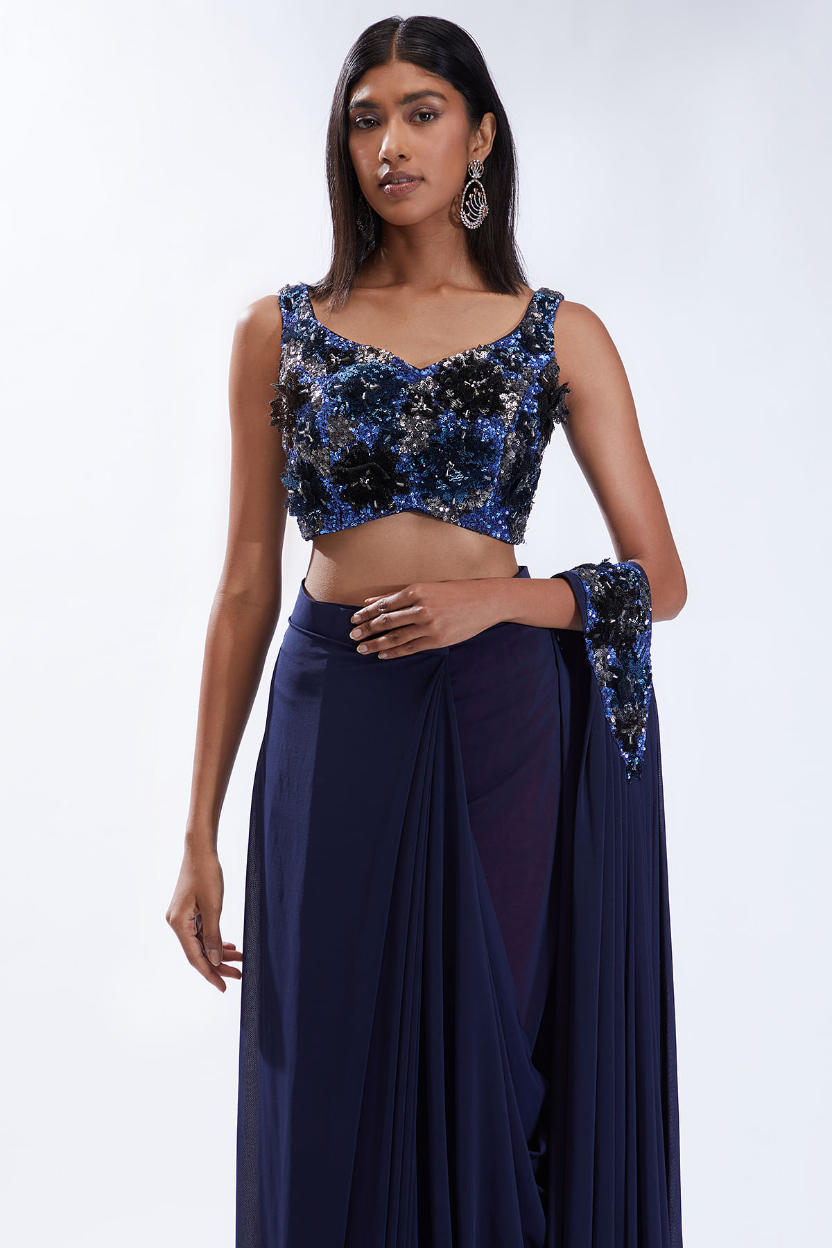 Buy Navy Blue Sequins Embroidered Ready Blouse Lycra Saree Online