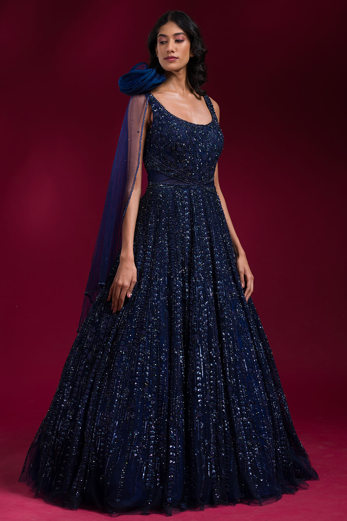 Buy Navy Blue Sequins Net Designer Gown - Koskii