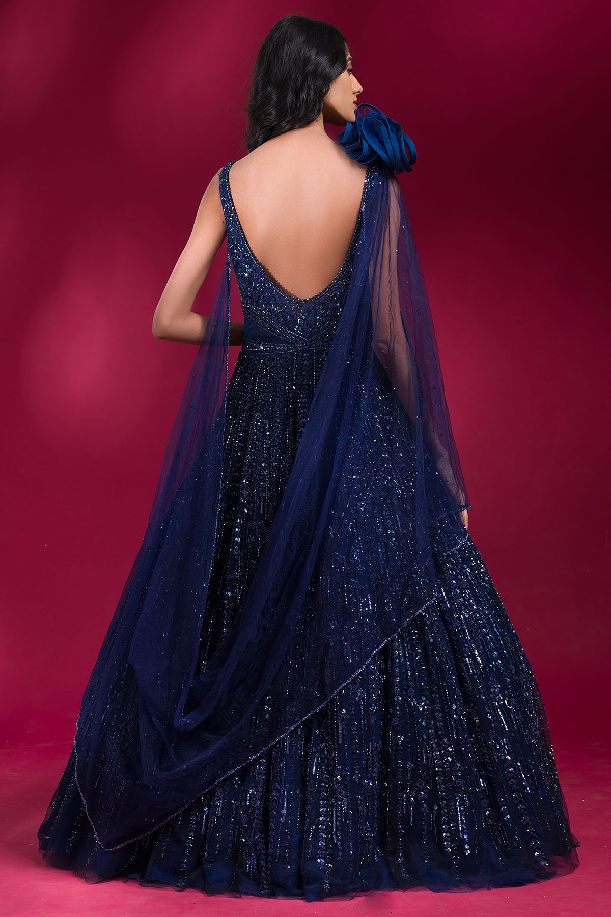 Buy Dark Navy Blue Sequins Embroidered Net Reception Gown Online