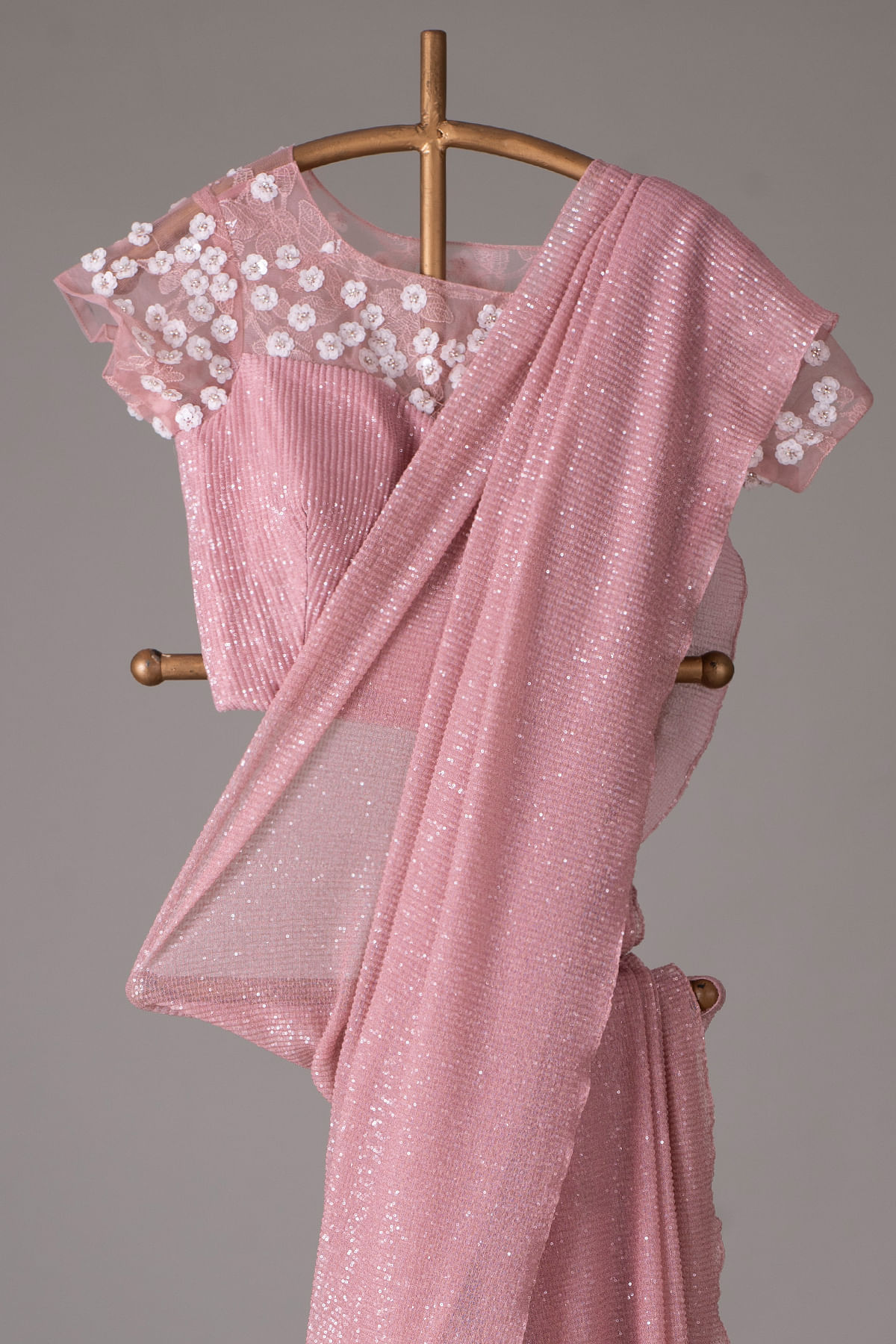 Dusty Pink Shimmer Net Saree with Pearl and Cutdana Work On The Border and  Butti Design