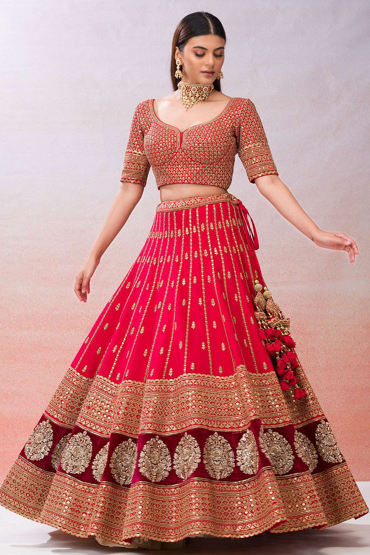 Buy Crimson Red Sequins Embroidered Silk Wedding Lehenga Online at Samyakk