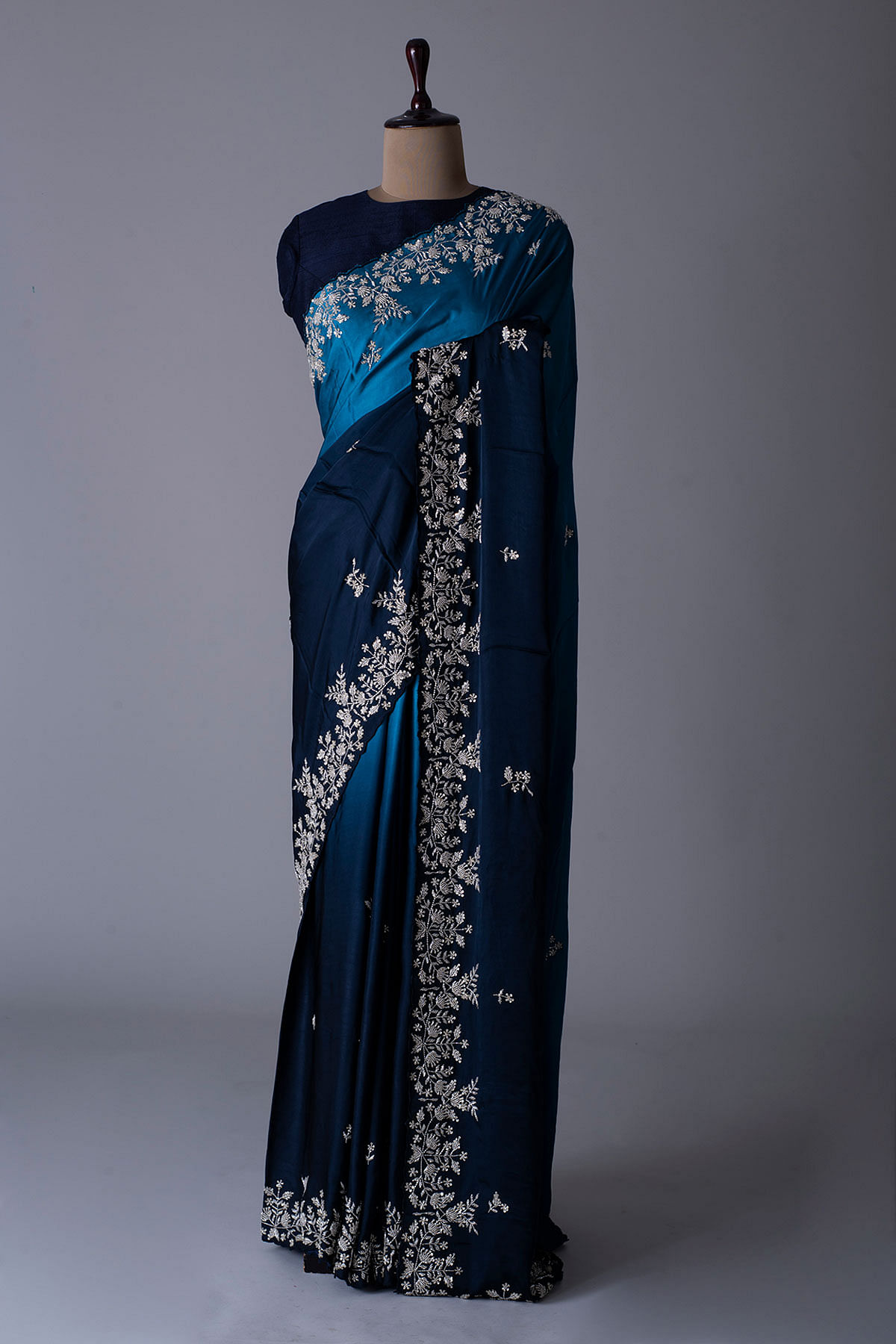 Embroidered Border Satin Saree in Navy Blue : SSEA495