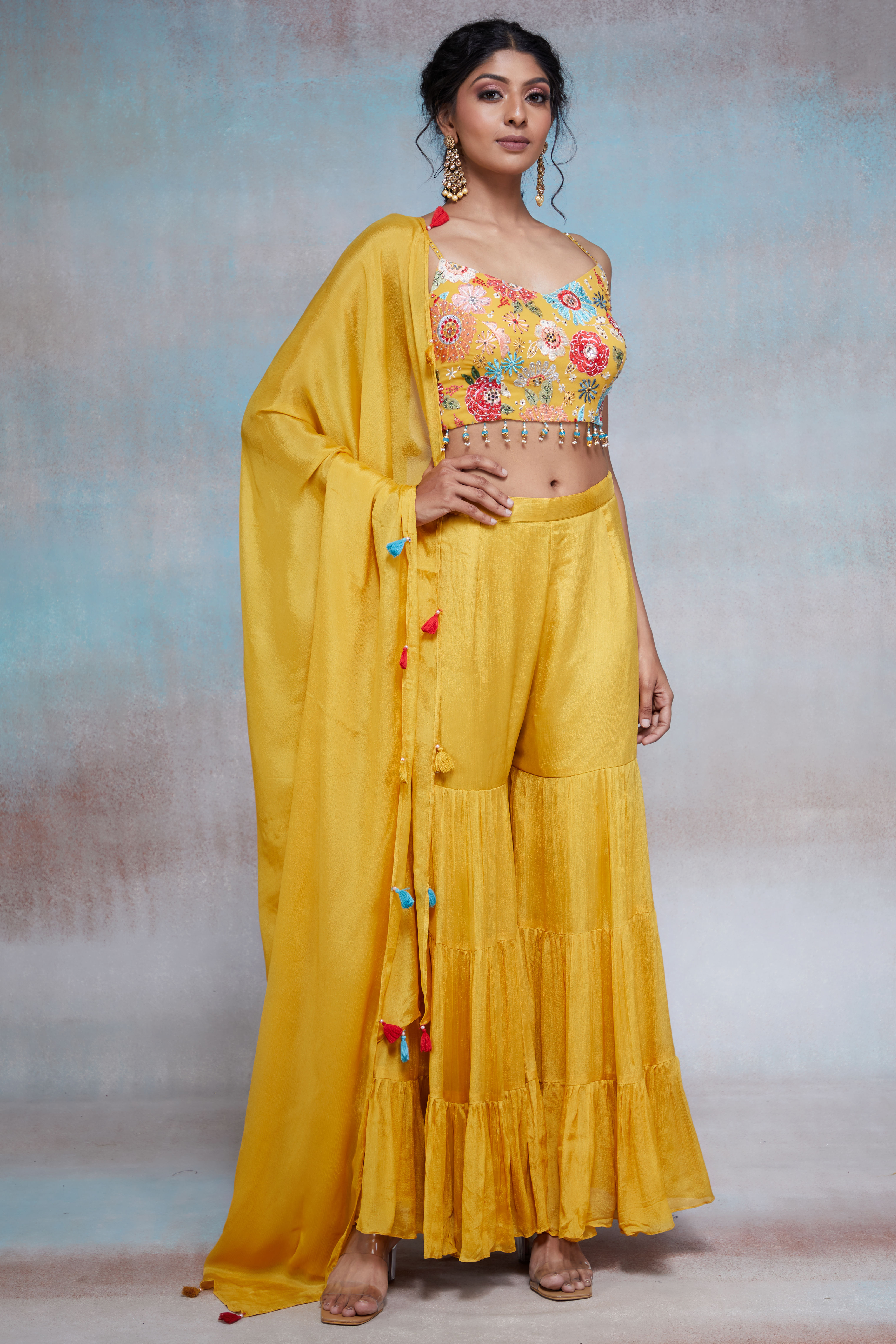Honey Yellow Resham Embroidered Georgette Sharara Suit-NC1556