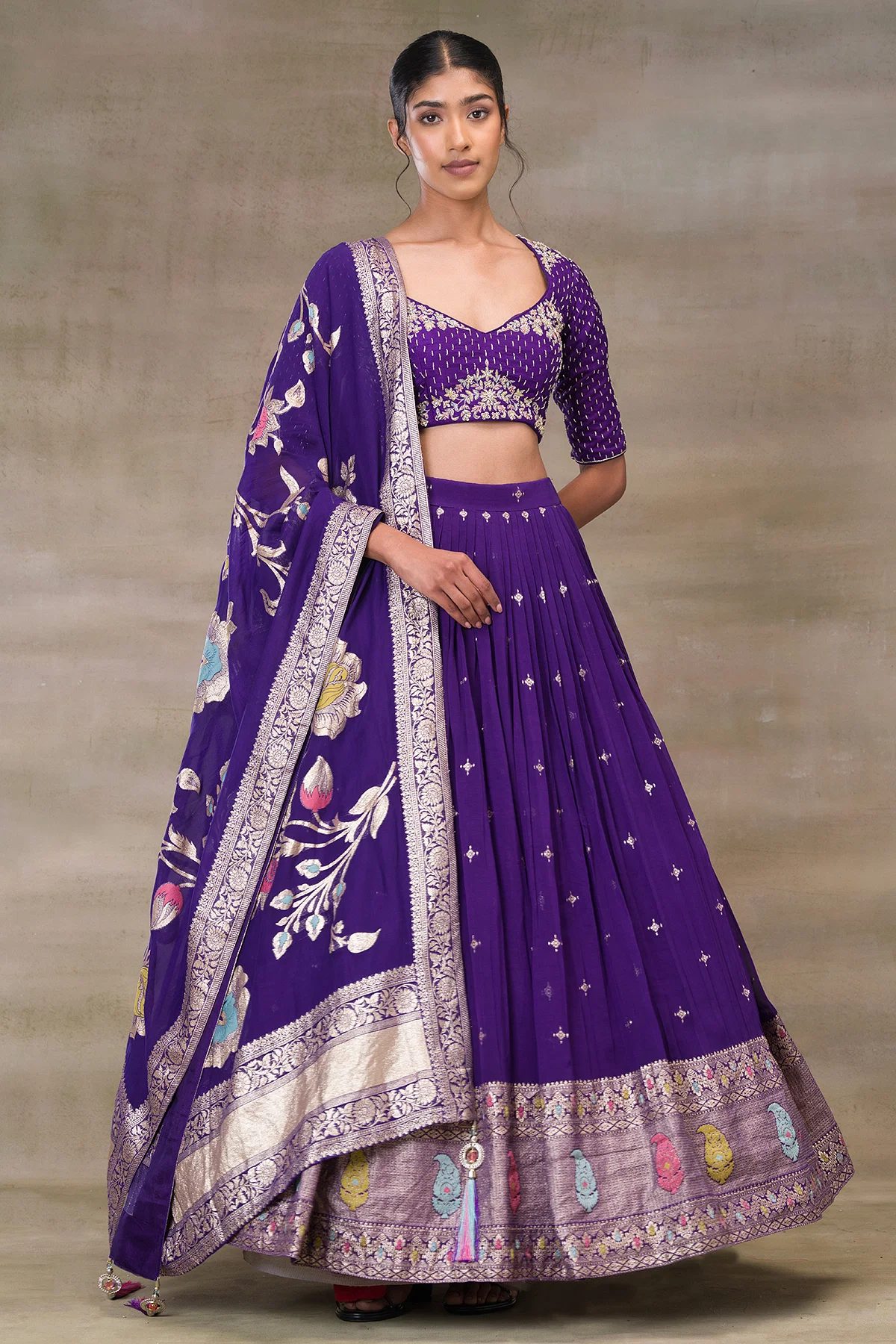 Indigo Blue Zari Woven Organza Designer Lehenga Online at Samyakk