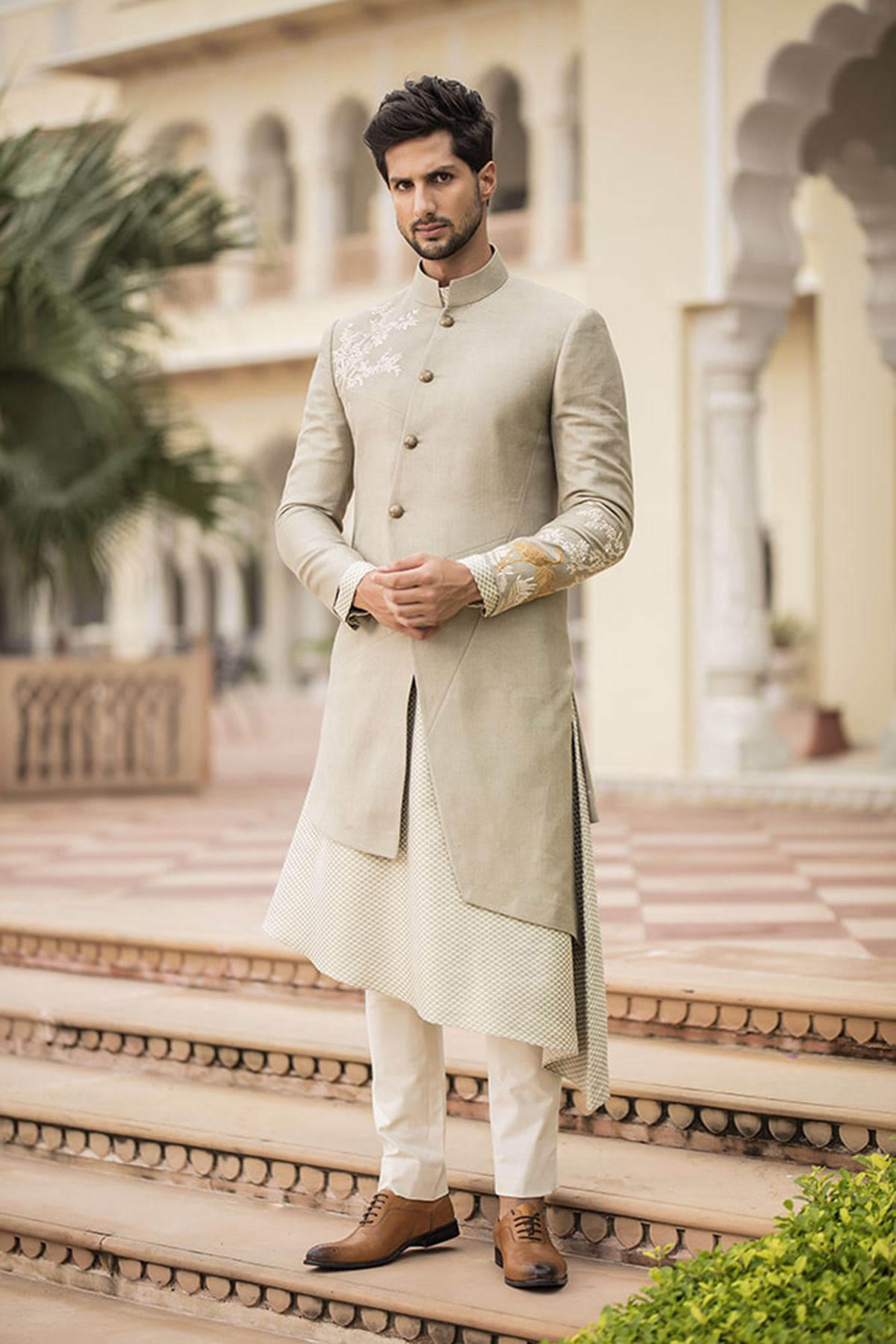 Laurel Green Resham Embroidered Jute IndoWestern Sherwani-IW1497