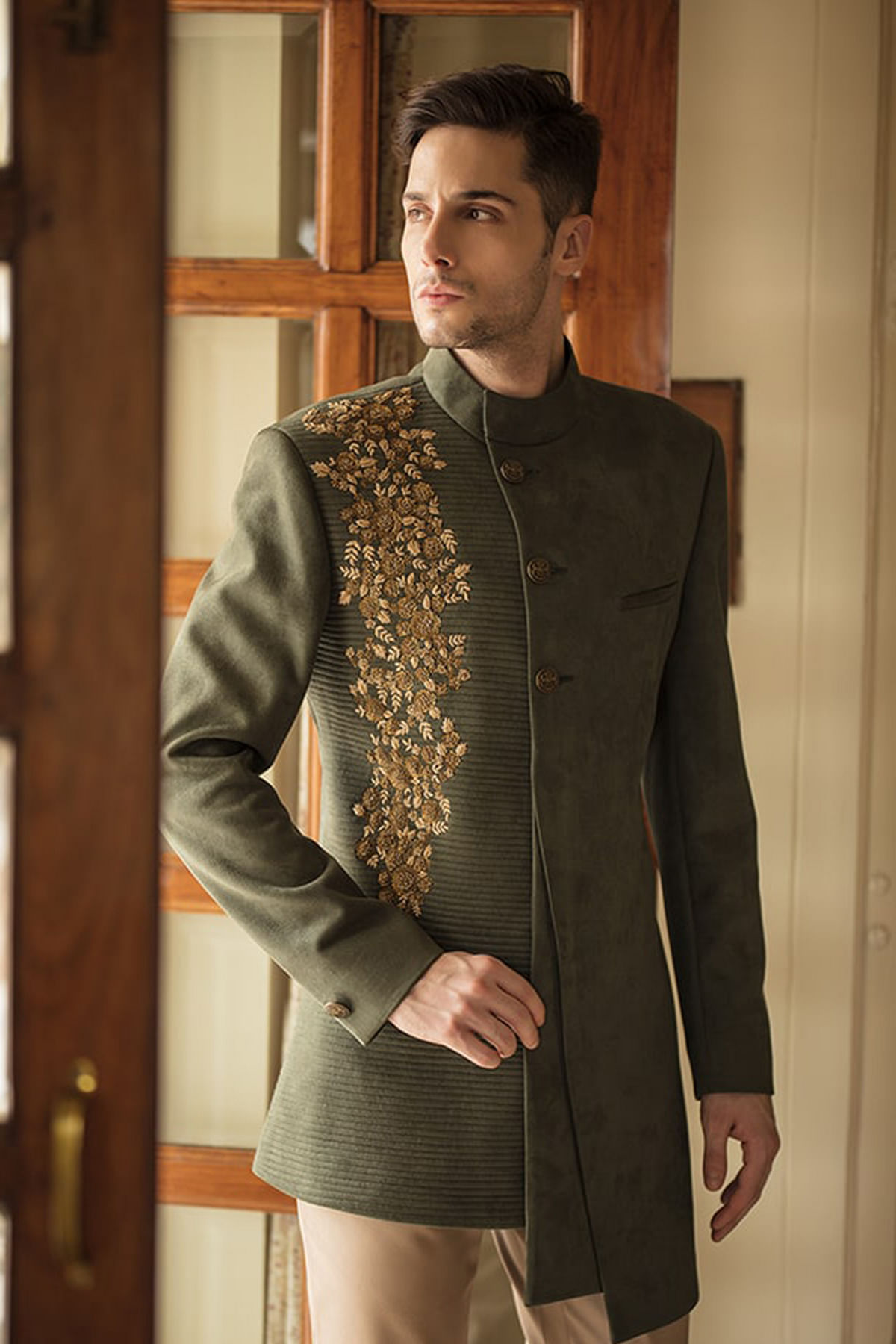 Buy Olive Green Zardosi Embroidered Suede IndoWestern Sherwani Online at Samyakk