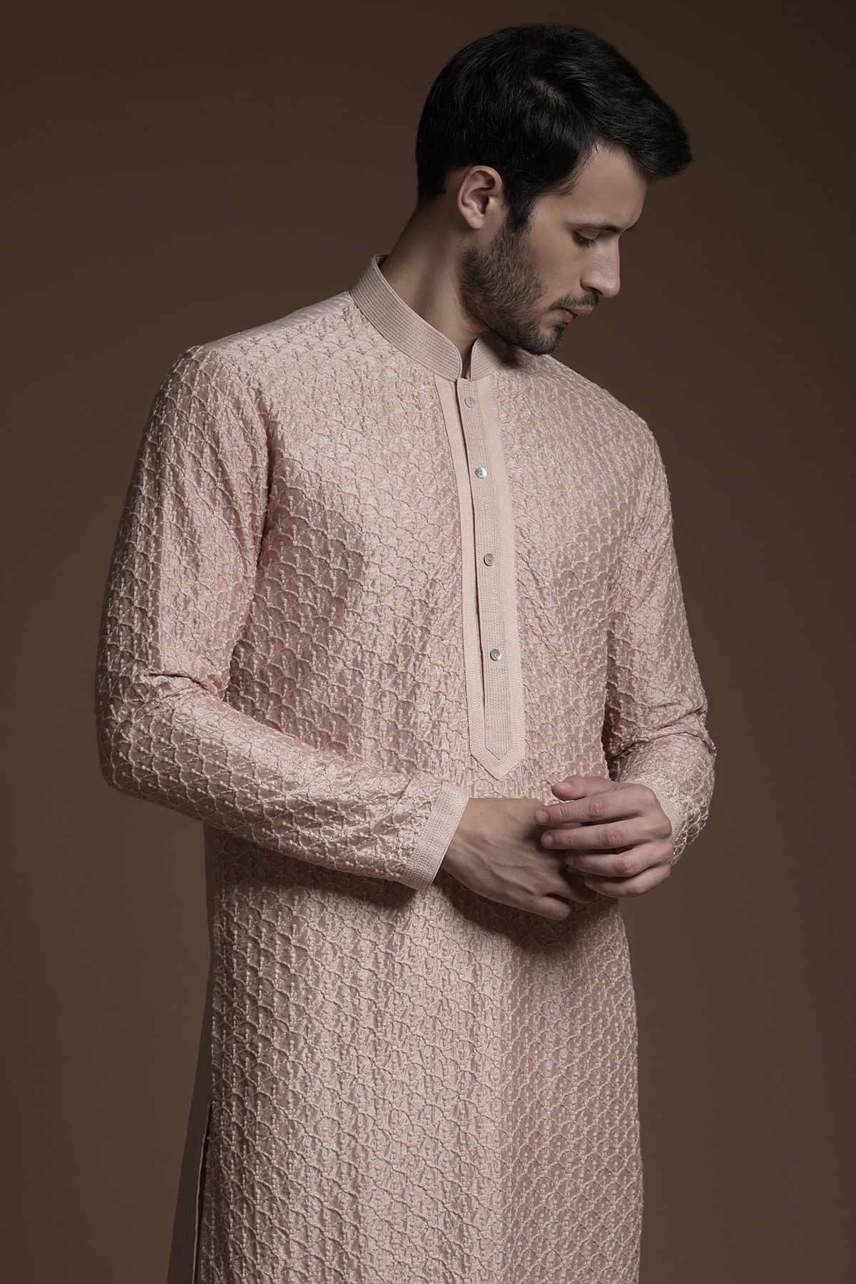 Buy Nude Pink Woven Silk Kurta Online | Samyakk