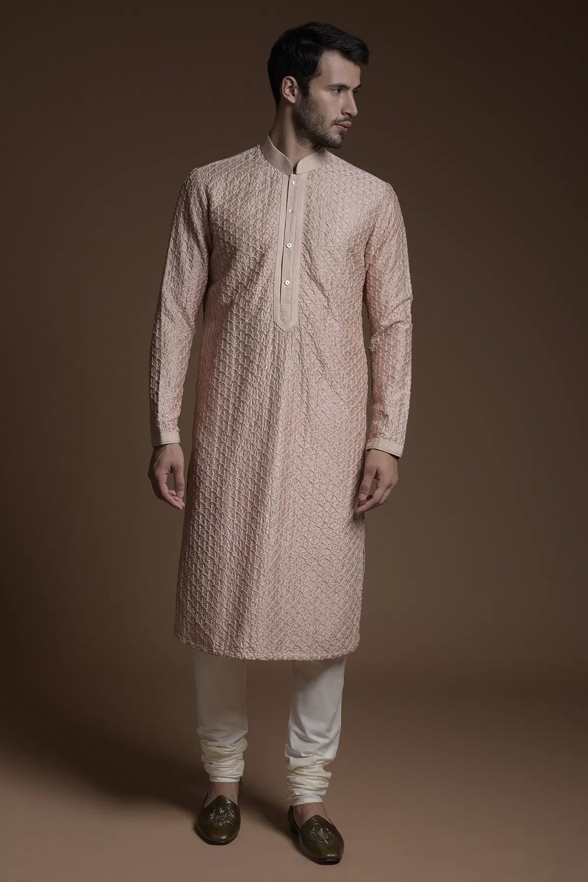 Nude Pink Woven Silk Kurta-KR857