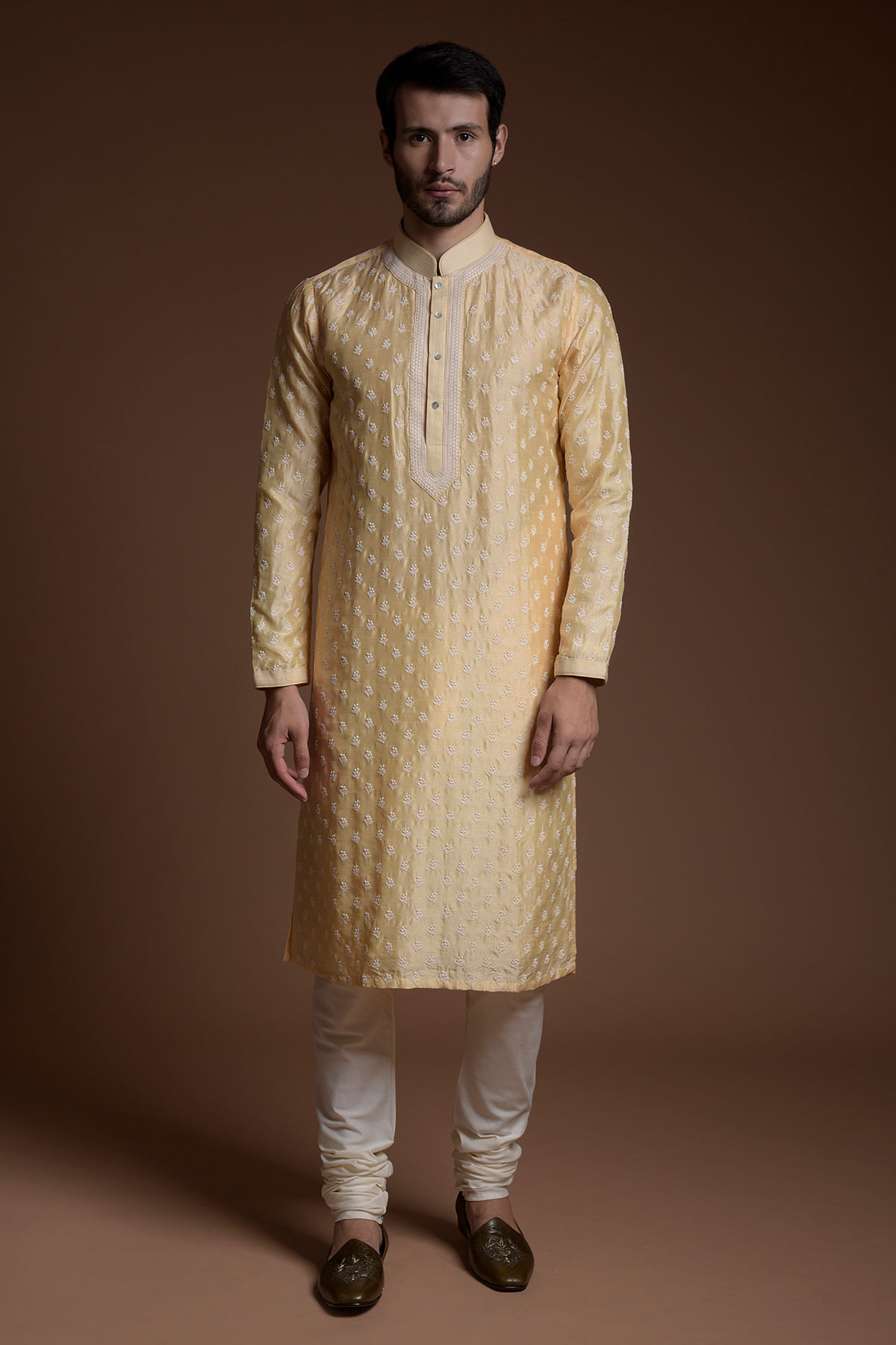 Pastel Yellow Mirror Embroidered Silk Kurta Online at Samyakk