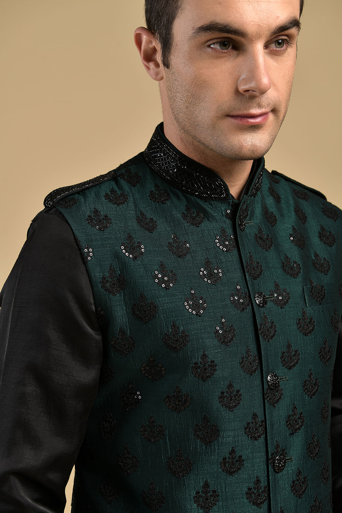 Buy Dark Pine Green Sequins Embroidered Silk Waistcoat Kurta Online Samyakk