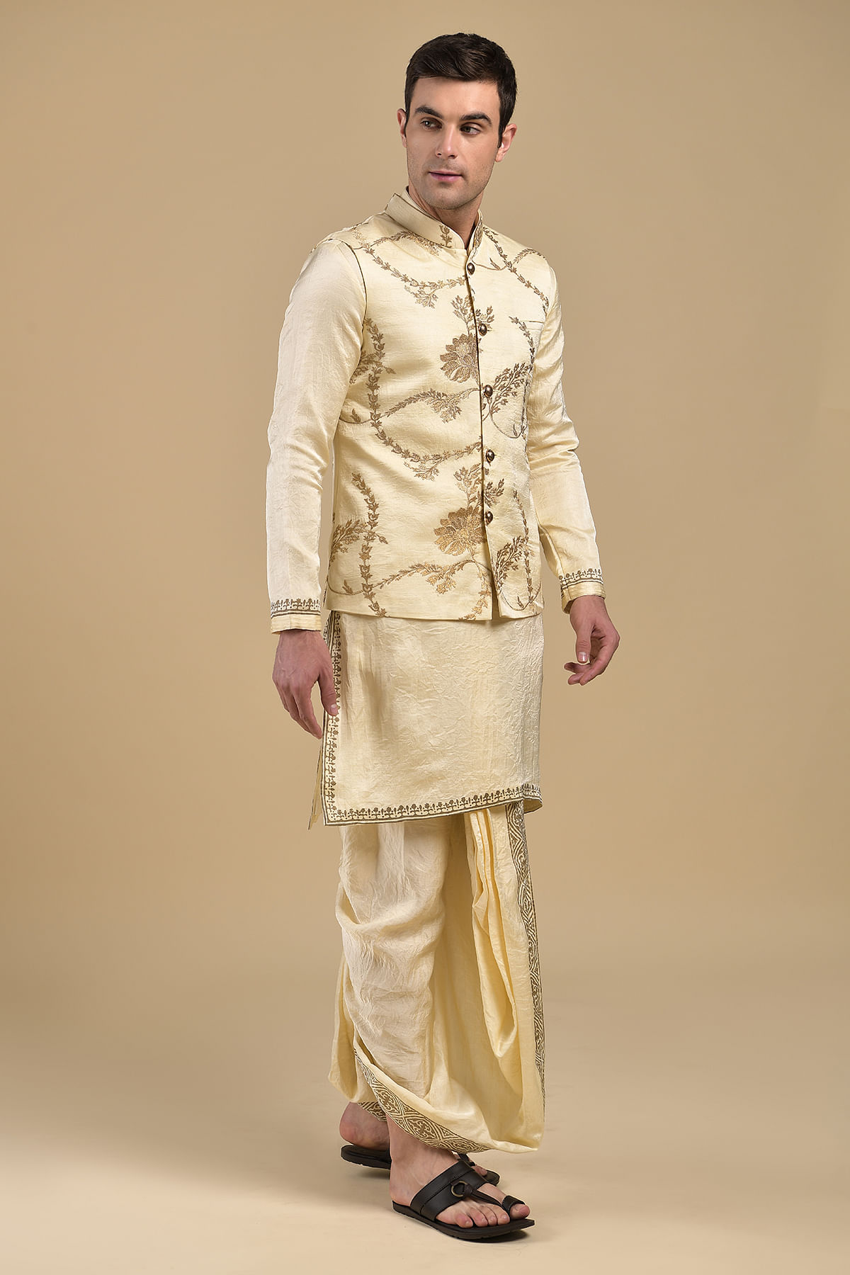 Blond Yellow Zari Embroidered Silk Waistcoat Kurta