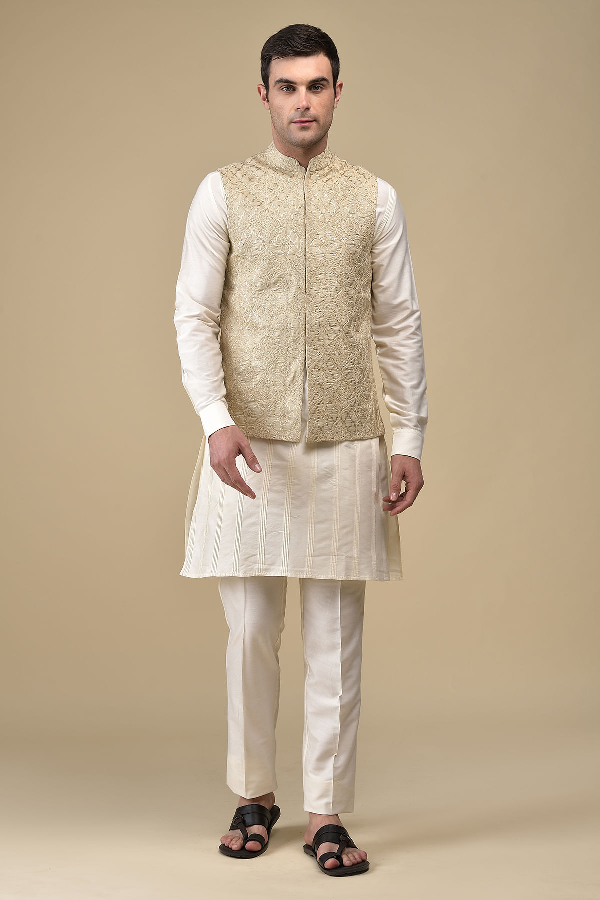 Beige Zari Woven Silk Waistcoat Kurta