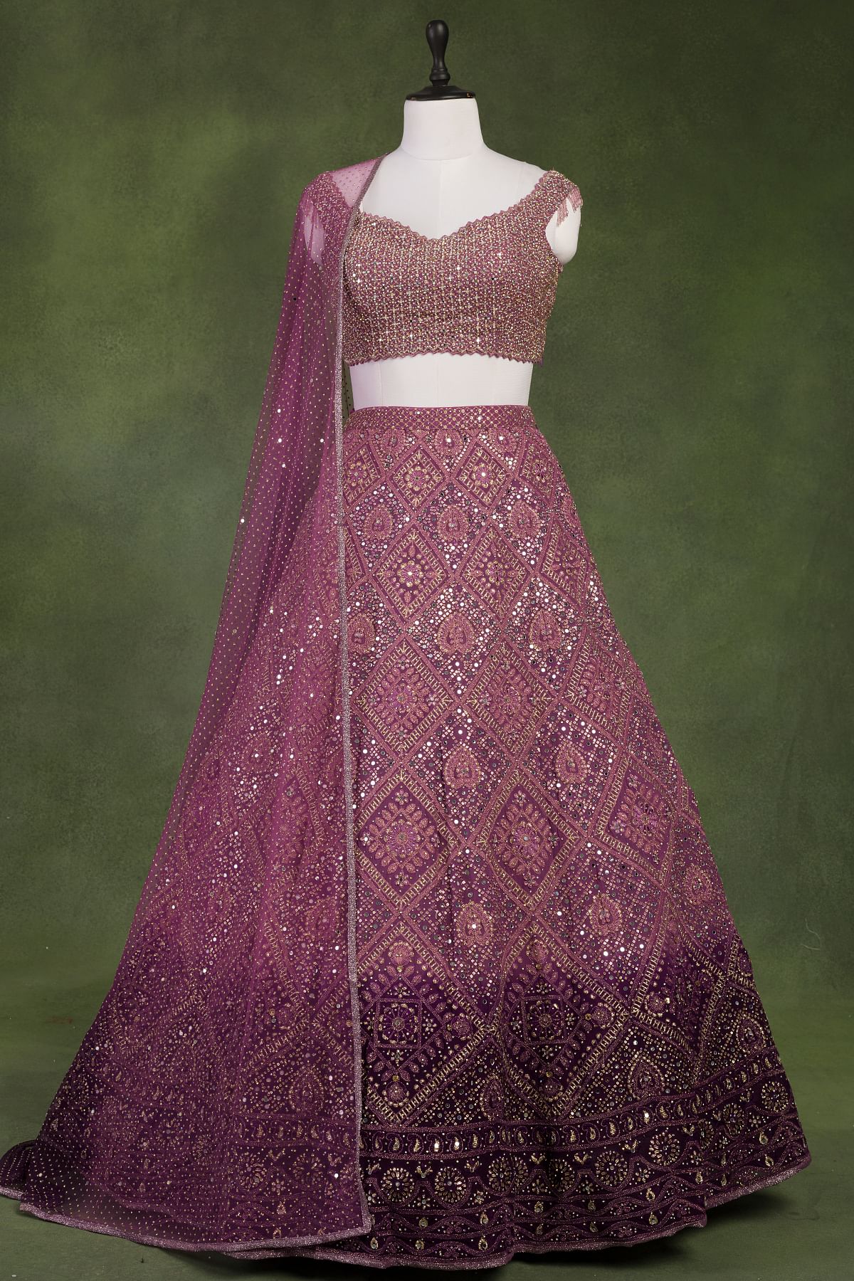 Buy Lavender and Purple Ombre Georgette Sangeet Lehenga with Mirror ...