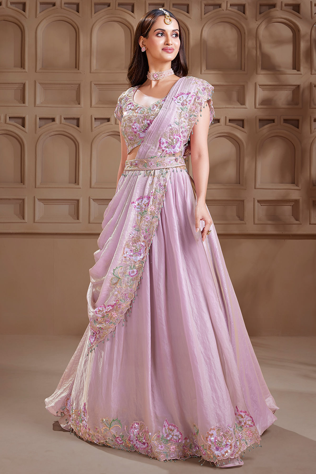 Lavender Drape Style Lehenga with Leaf Neck Blouse-GC4865