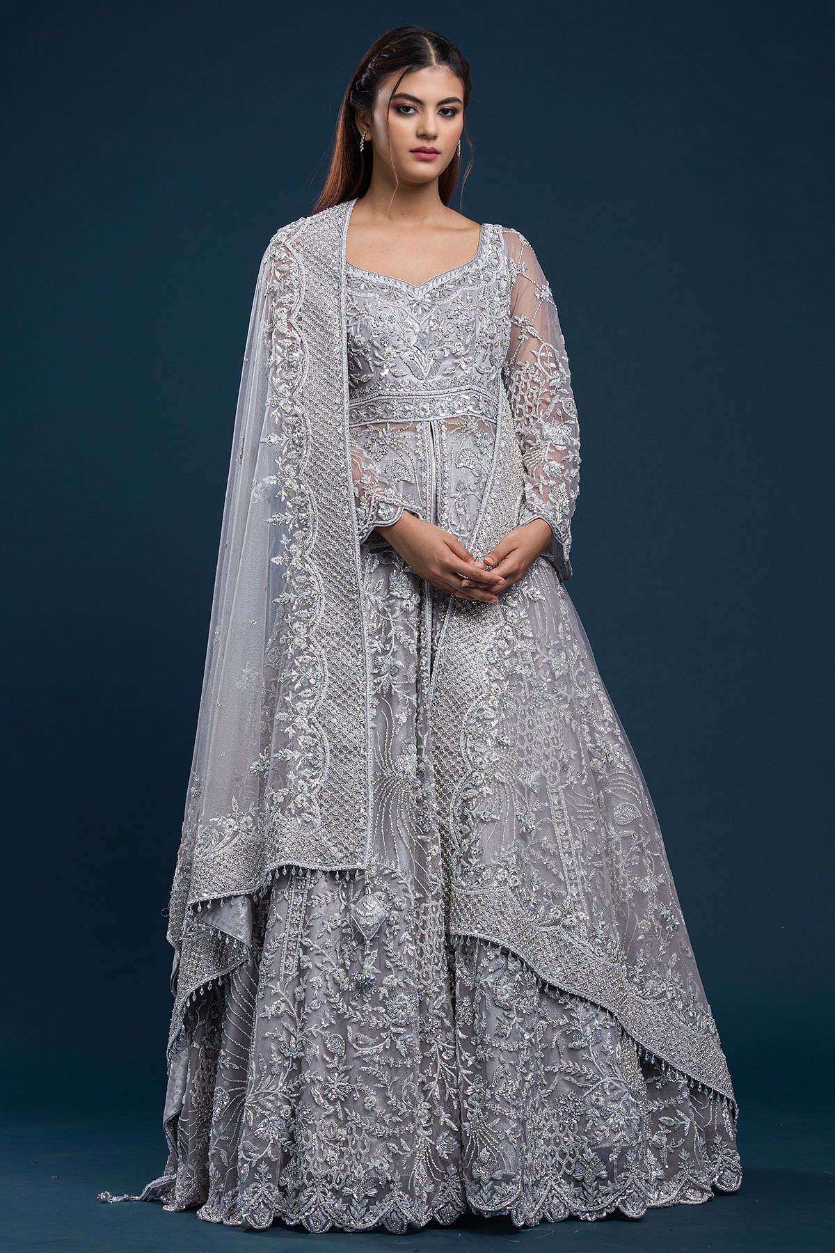 Grey colour net gown best sale